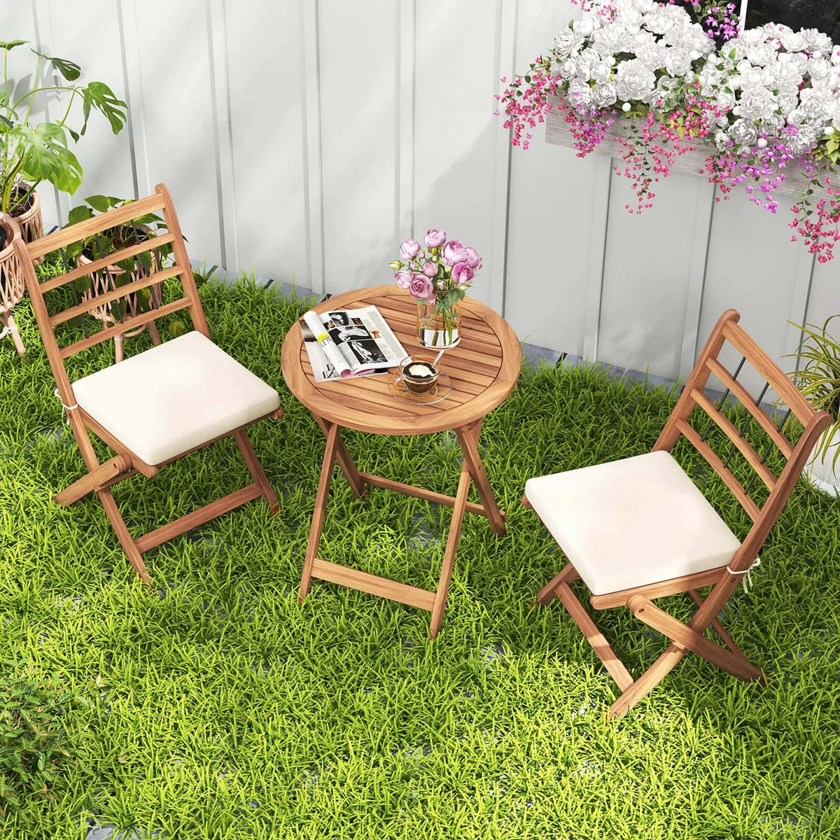 Everdaily Essentials 3 PCS Acacia Wood Patio Bistro Set Folding Outdoor Table and Chairs with Cushions Off White 3030
