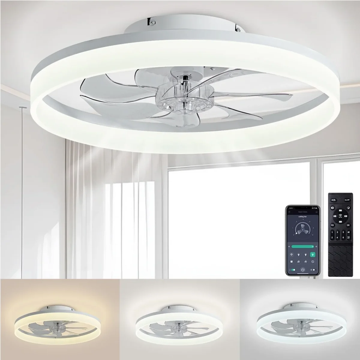 Behome 20" Ceiling Fan, Low Profile Ceiling Fans with Lights and Remote/APP Control, Flush Mount, 6 Speeds & Reversible, 3CCT, Dimmable, Noiseles 8031