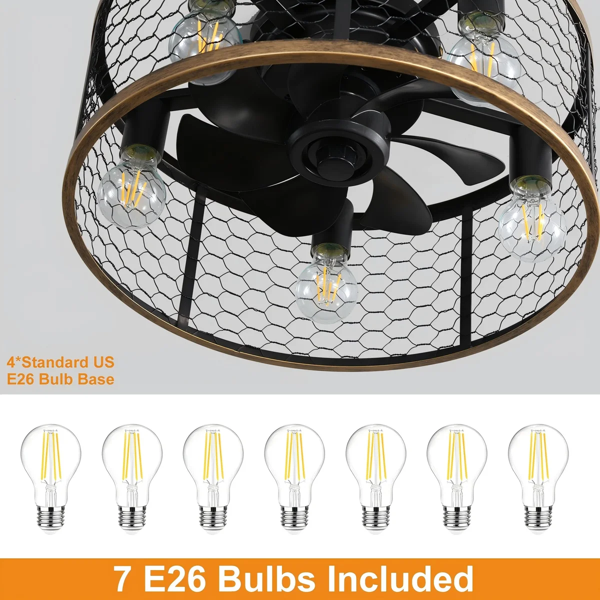 Sofucor 20" Matte Black Caged Ceiling Fan with 5-Piece Lighting Kit and Remote Control 6962