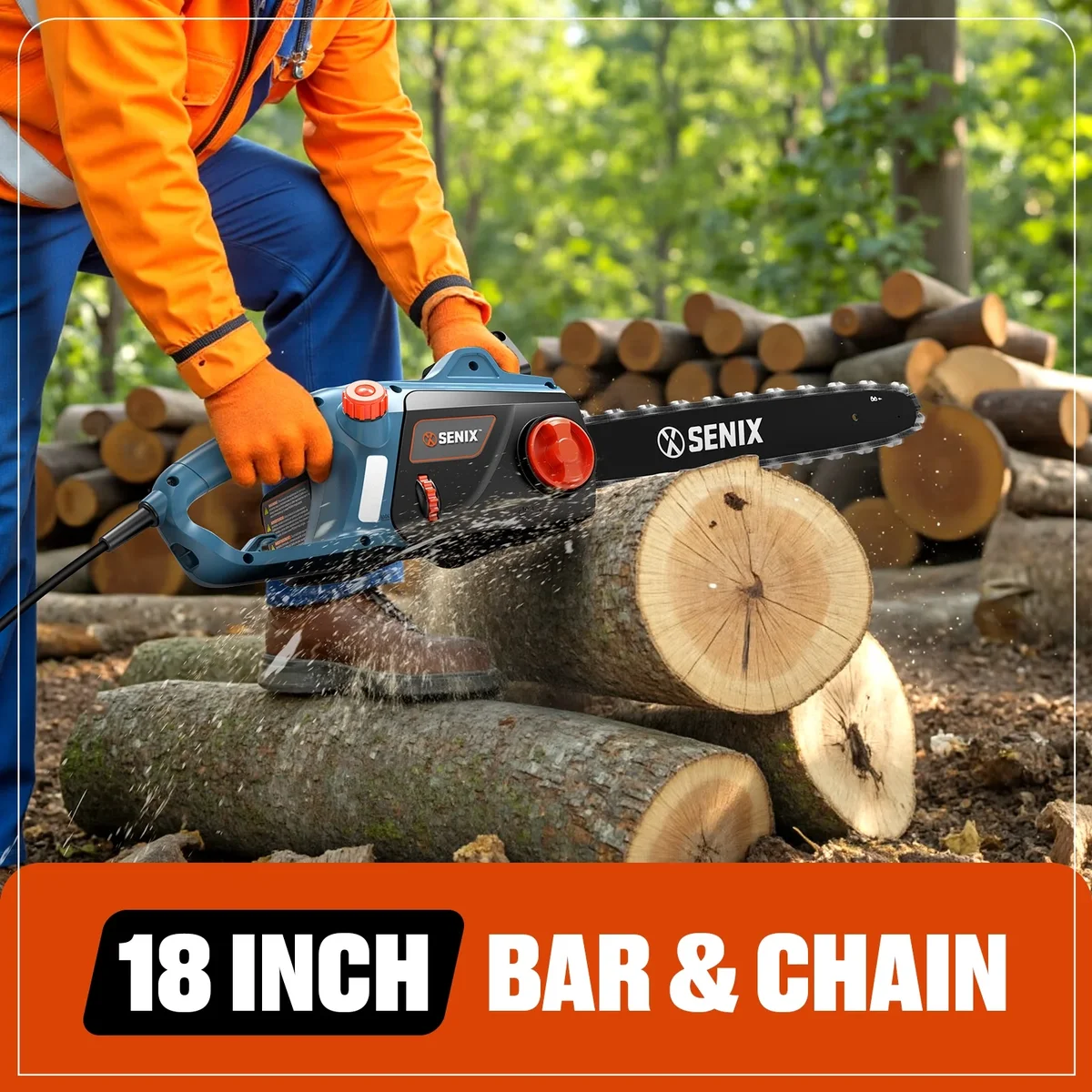 Senix  18-Inch 15Amp Electric Corded Chainsaw, 18-Inch Oregon Bar & Chain, 120V Side Auxiliary Handle, CSE15-M 6411