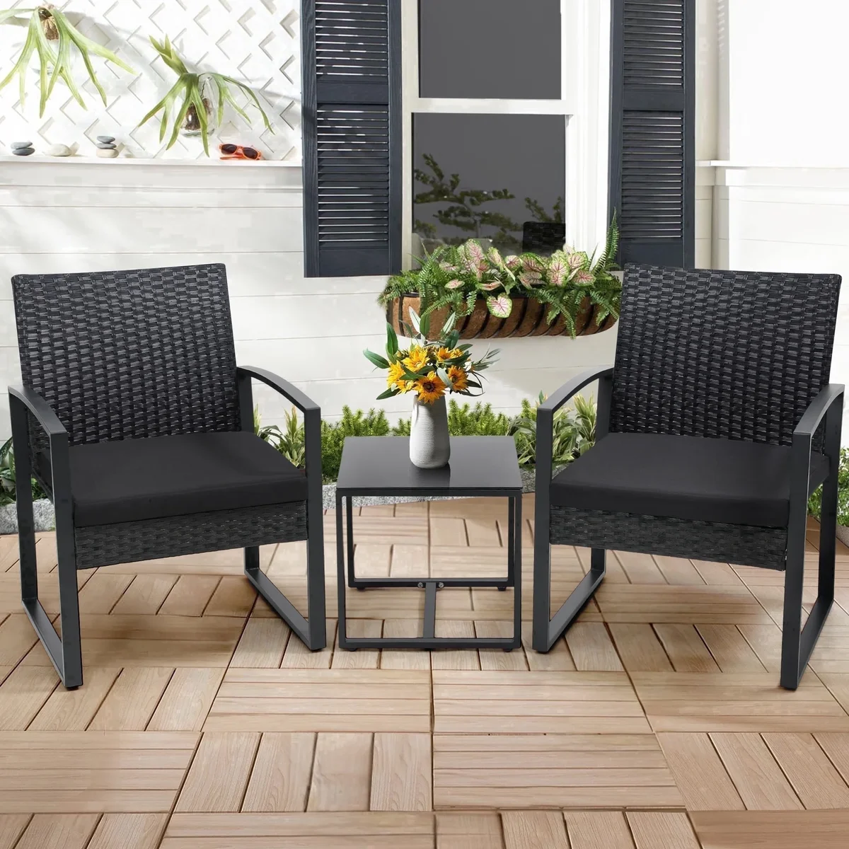 LOGYAT 3 Piece Wicker Patio Bistro Set, All-Weather Rattan Conversation Set with Glass Top Coffee Table, Perfect for Balcony, Porch, Poolside, Bl 5998