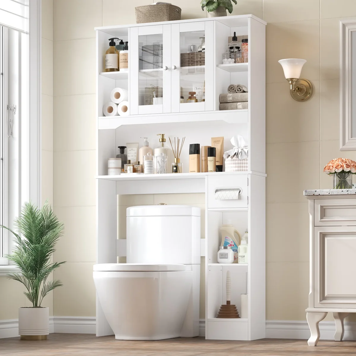 Homfa Over The Toilet Storage Cabinet with Toilet Paper Holder Stand, Above Toilet Organizer with Glass Doors, Behind Toilet Shelf for Restroom,  7136