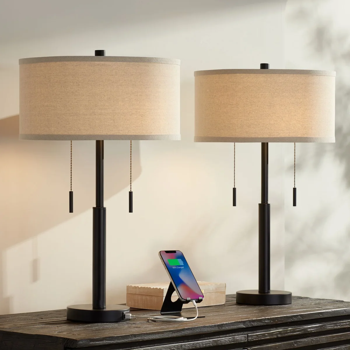 Franklin Iron Works Bernie Industrial Table Lamps 25" High Set of 2 Rich Bronze with USB Charging Port Tan Drum Shade for Bedroom Living Room Bed 5371