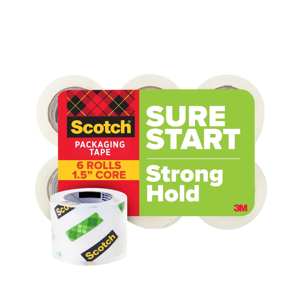 Scotch Sure Start Packaging Tape, 1.5” Core, Clear, 1.88" x 900", 6 Rolls 2706