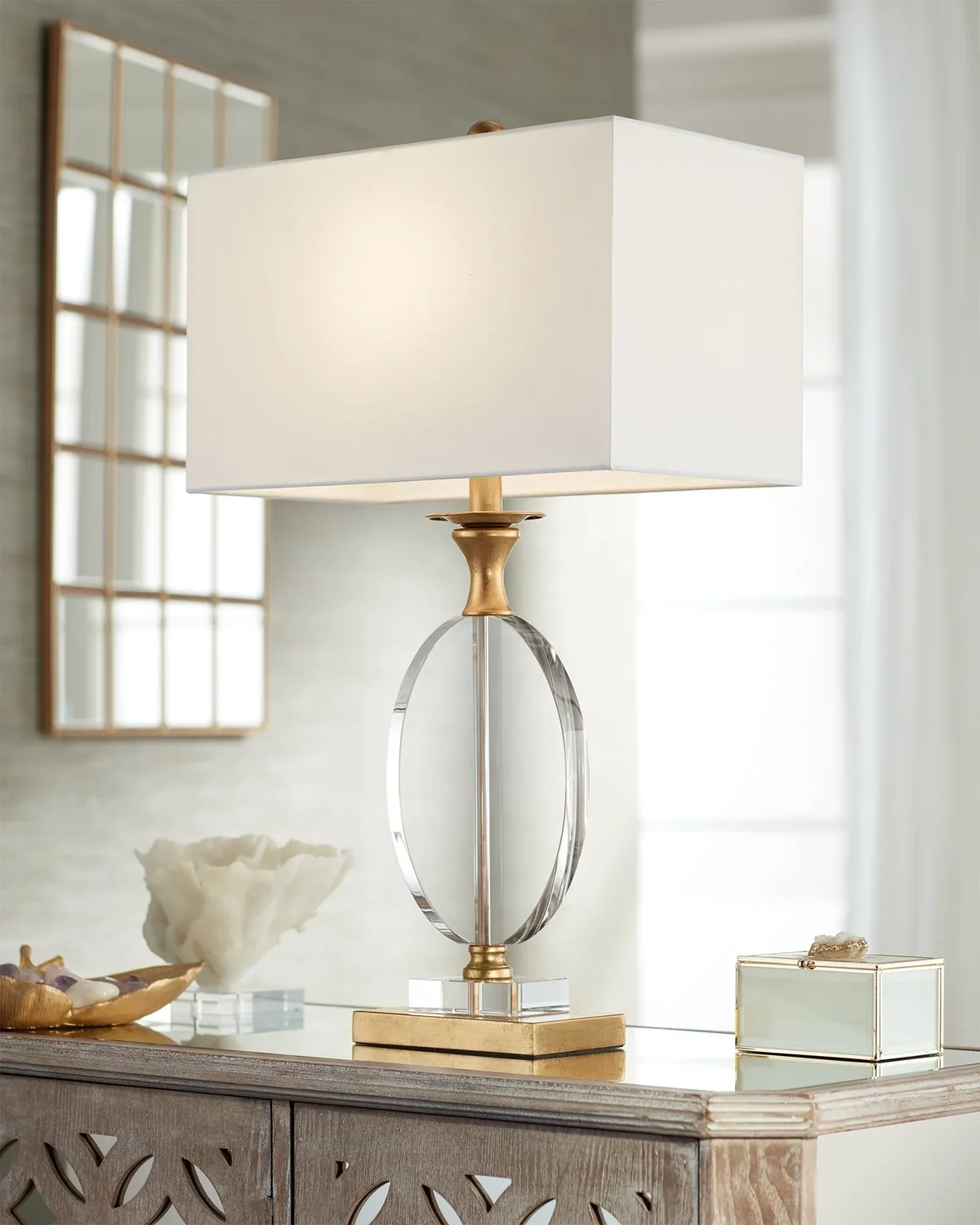 Vienna Full Spectrum Valerie Modern Table Lamp 28" Tall Gold Clear Crystal Glass White Rectangular Shade for Bedroom Living Room Bedside Nightsta 3964