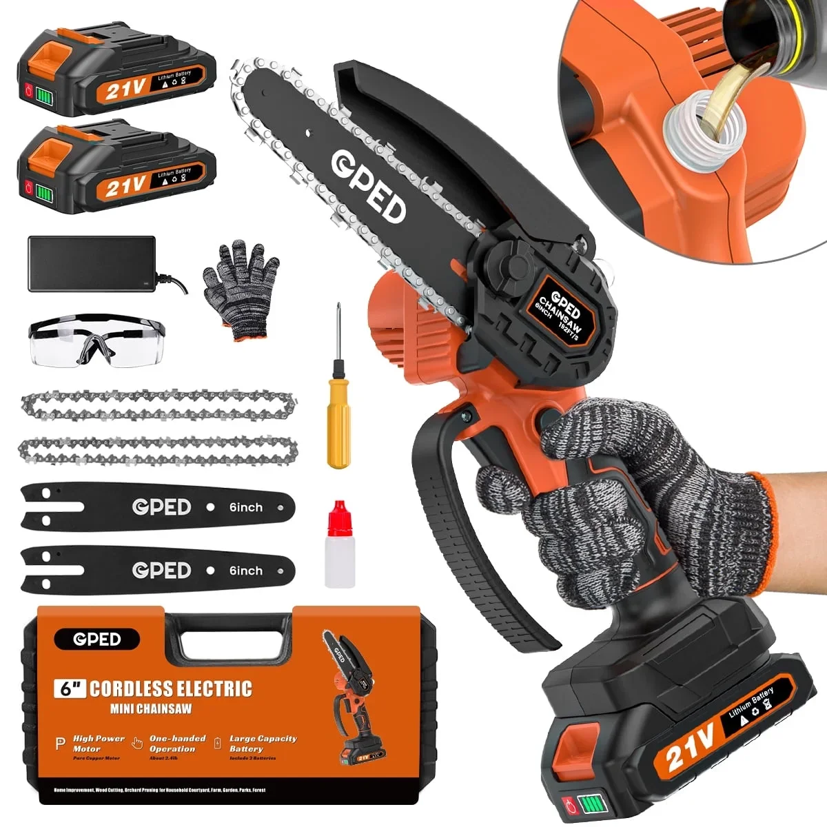 GPED 6 Inch Mini Chainsaw Cordless with 2 Batteries, Automatic Oiler Portable Electric Chain Saw, Hand Saw for Wood/Trees Cutting, Household and  9292