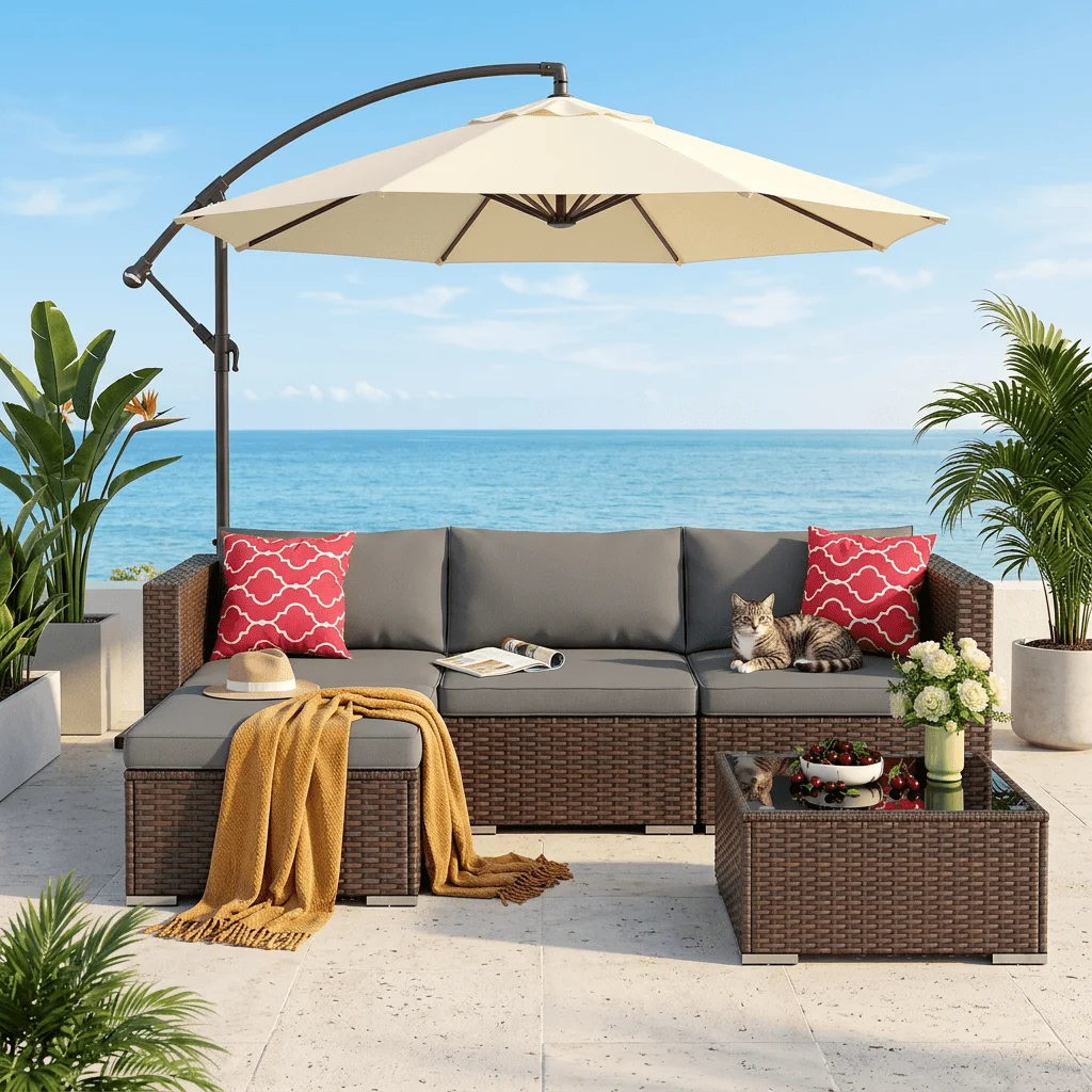 Asofer Patio Furniture Sets on Sale, Asofer 5 PCS Outdoor Rattan Conversation Sofa with Soft Cushion & Coffee Tea, Gray 5219