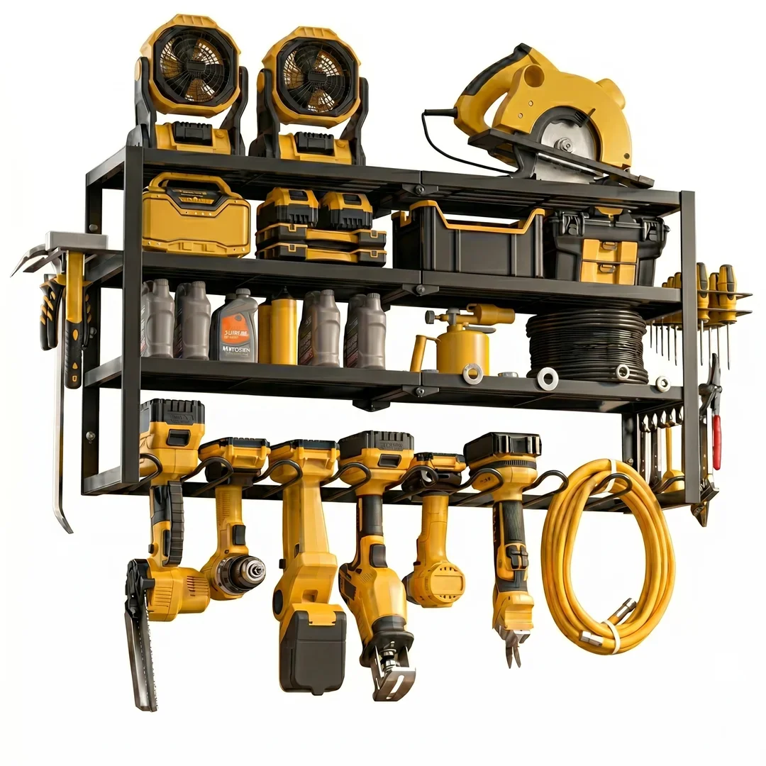 Riousery Heavy Duty Power Tool Organizer Wall Mount, 4-Tier Garage Storage Tool Rack with 8 Cordless Drill Holders, 350 LBS Capacity 6705