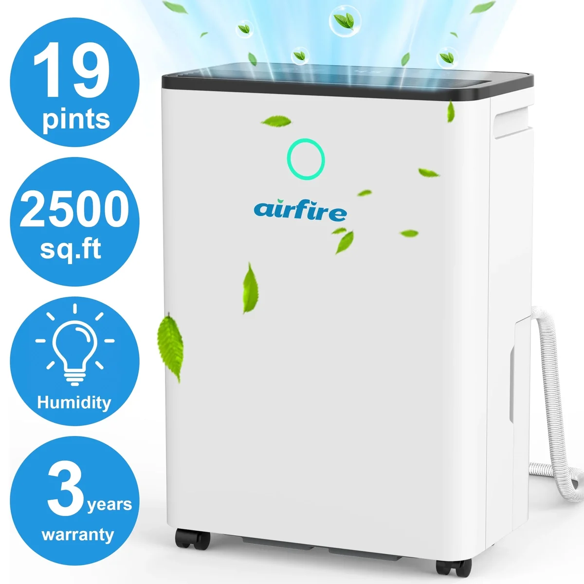 AIRFIRE Dehumidifier, 19 Pint (DOE) Dehumidifier with Drain Hose, Max 2500 Sq.Ft Dehumidifiers for Home Basement, 0.66 Gal Water Tank, Overflow P 5972