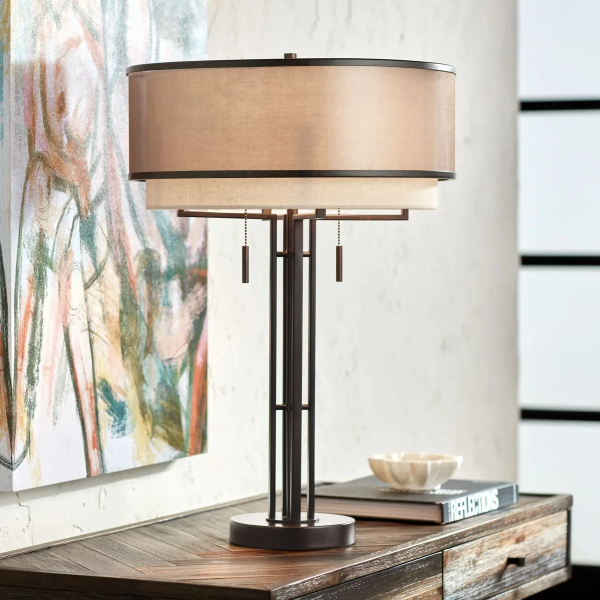 Franklin Iron Works Andes Modern Industrial Table Lamp 27 1/2" Tall Oil Rubbed Bronze Metal Stacked Double Fabric Drum Shade for Bedroom Living R 9427