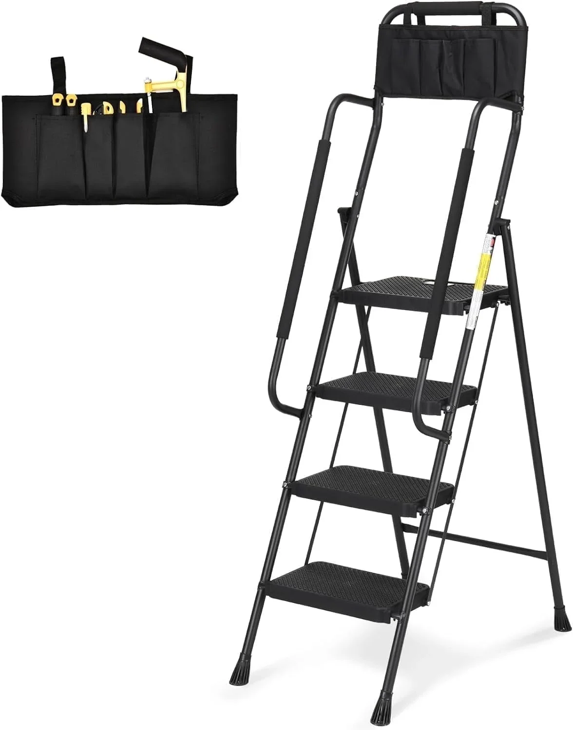Everdaily Essentials 4 Step Ladder with Handrails and Tool Bag, Folding Step Stool with Attachable Anti-Slip Wide Pedal, Black 0002