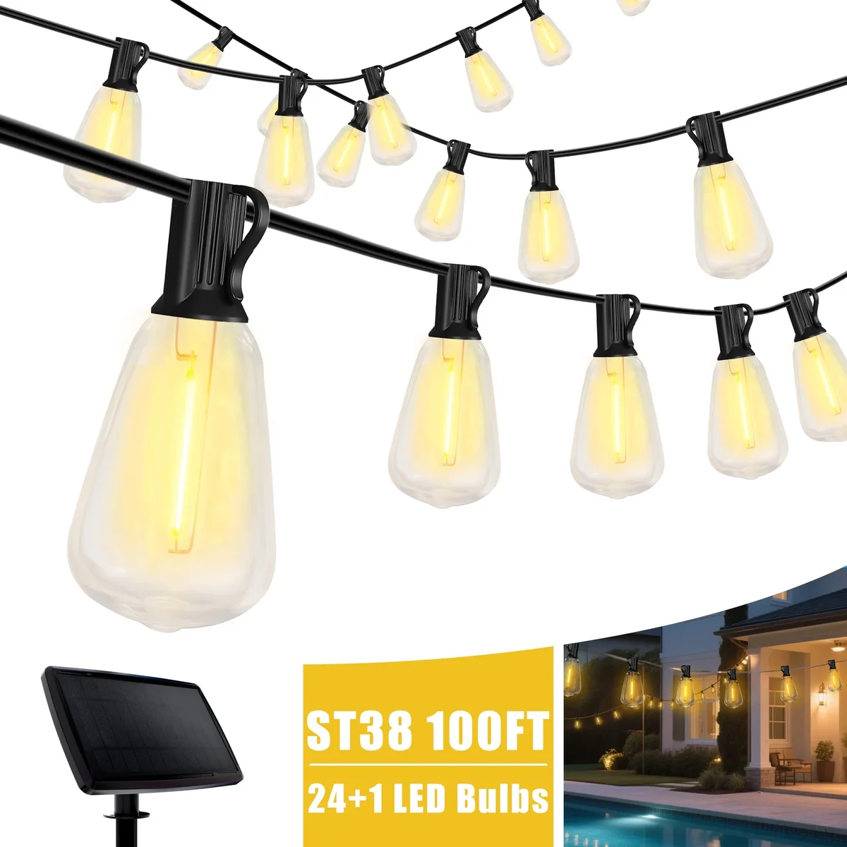 DAYBETTER 100FT Solar String Lights Outdoor, Waterproof Hanging Lights with 24 Shatterproof Bulbs, Dimmable, for Outside, Camping, Yard, Party De 4075