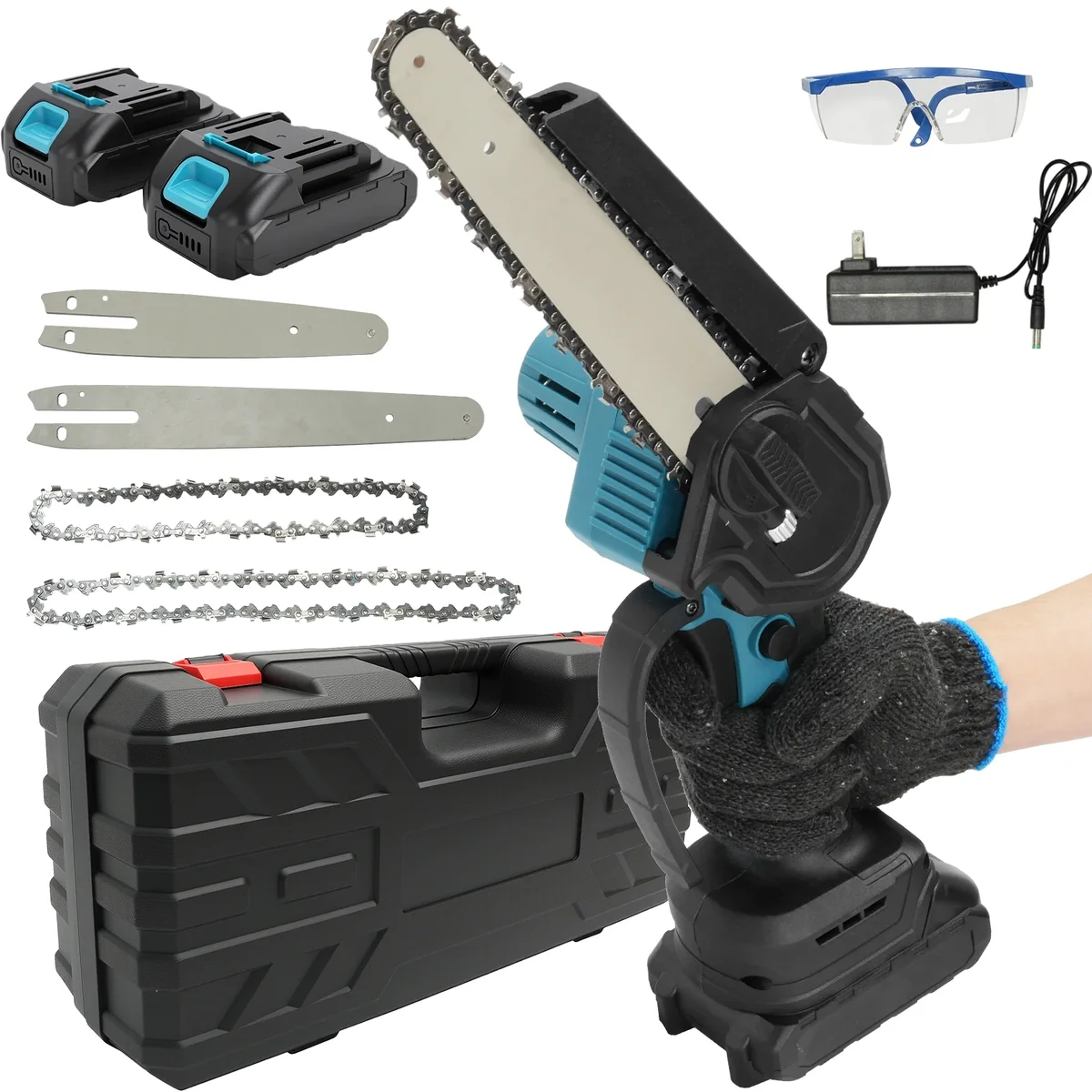 Vipsafe 6" & 8" Mini Chainsaw Cordless with 2 Batteries 2 Chain, Electric Chainsaw for Cutting Gardening, Wood Cutting & DIY, Blue 0751