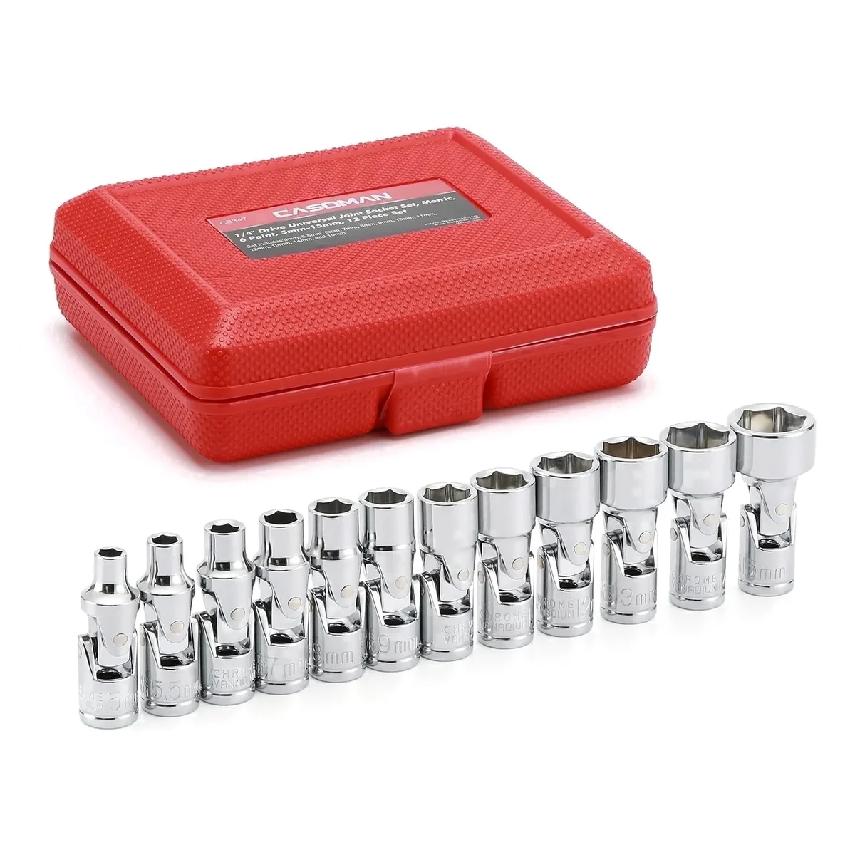 CASOMAN 12PCS 1/4" Drive Universal Flex Socket Set, Metric, 5mm to 15mm, 6-Point, CR-V, Swivel Head, 360 Degree Access 9013