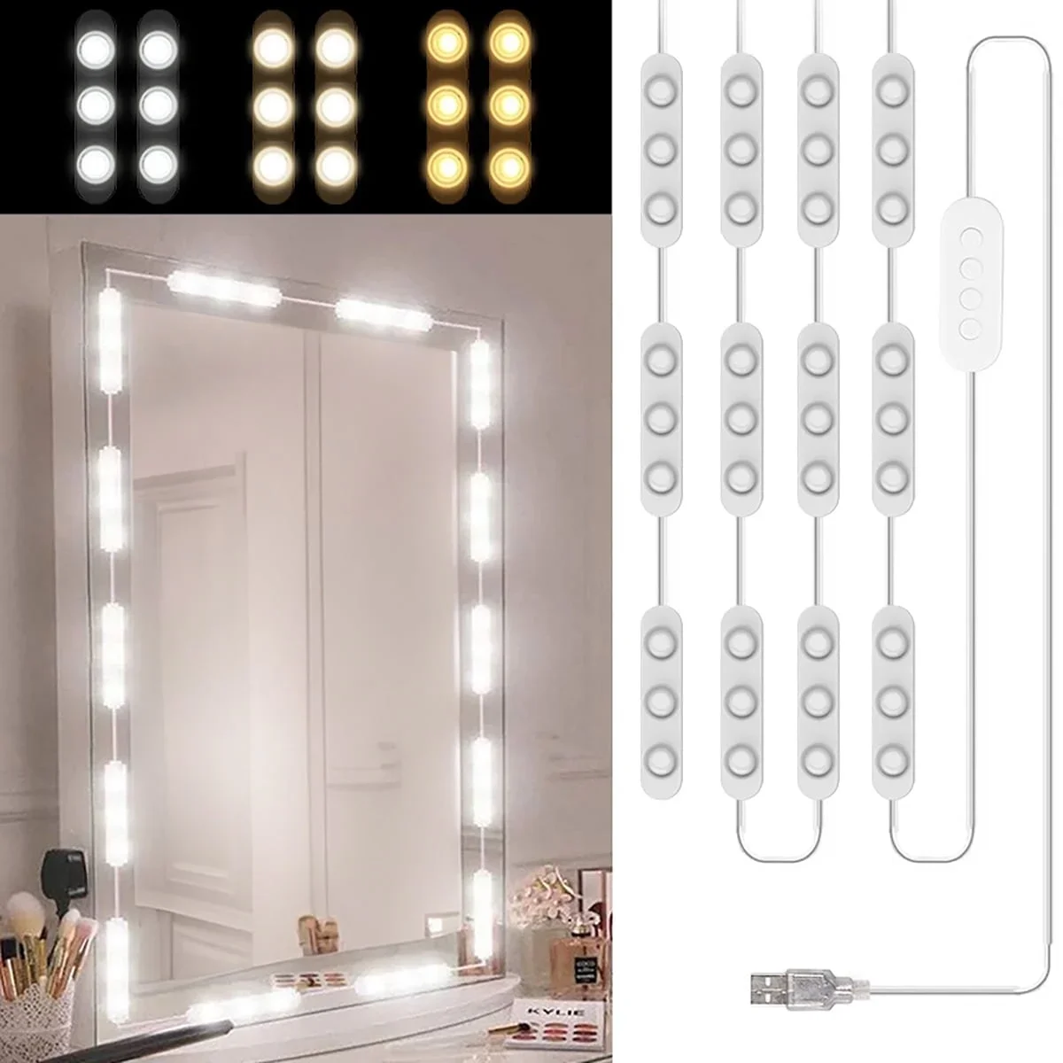 OGEDNAC 60 LED Vanity Lights for Mirror, OGEDNAC Hollywood Style Makeup Strip Lights 16ft, Adjustable Color & Brightness, USB Cable 9213