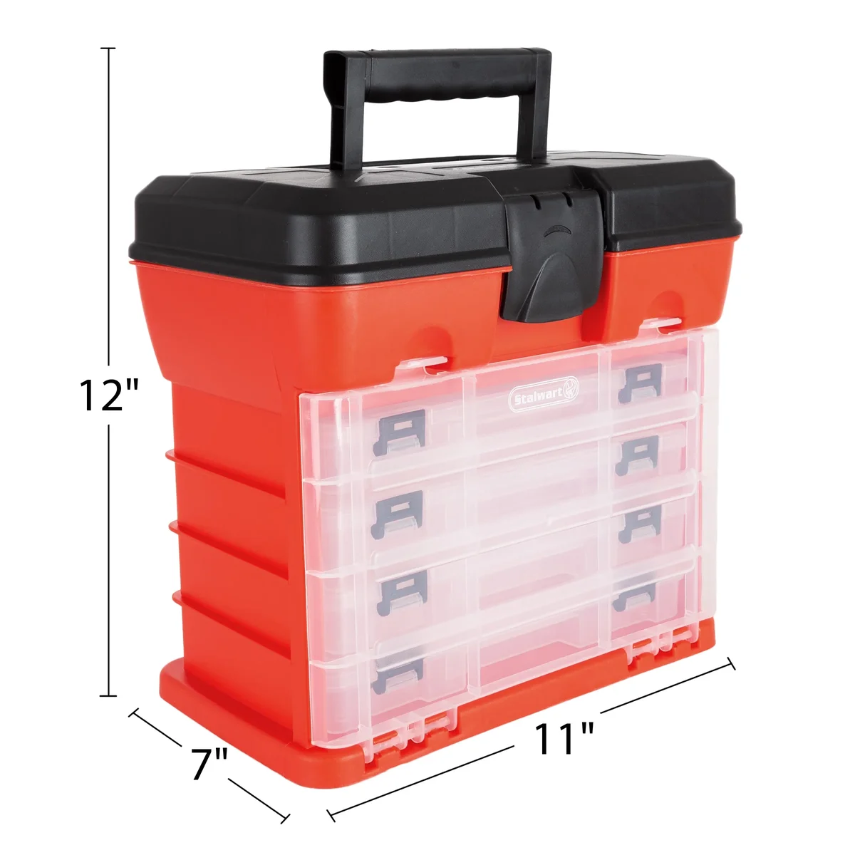 Stalwart Portable Tool Storage Box - Small Parts Organizer with 4 Multi-Compartment Trays for Fishing Tackle, Hand Tools, or Craft Supplies -(Red 2113