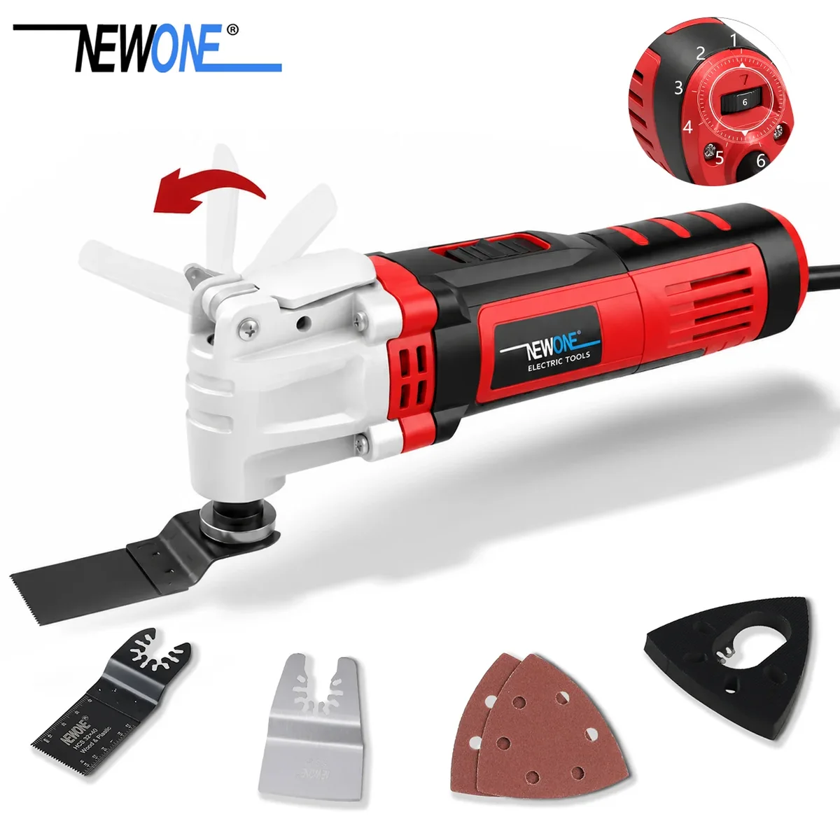 NEWONE Oscillating Multi Tool Kit 4 Amp with 4° Oscillation Angle 6 Variable Speed Quick Clamp System with 5pcs Multitool Blades for Cutting San 4941