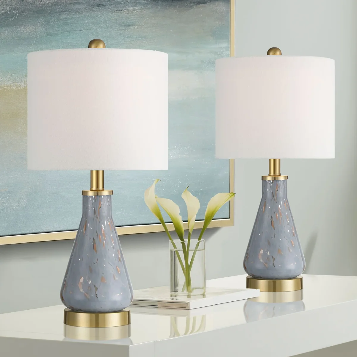 360 Lighting Alexia 20" High Small Modern Accent Table Lamps Set of 2 Gold Blue Finish Glass White Shade Living Room Bedroom 7516