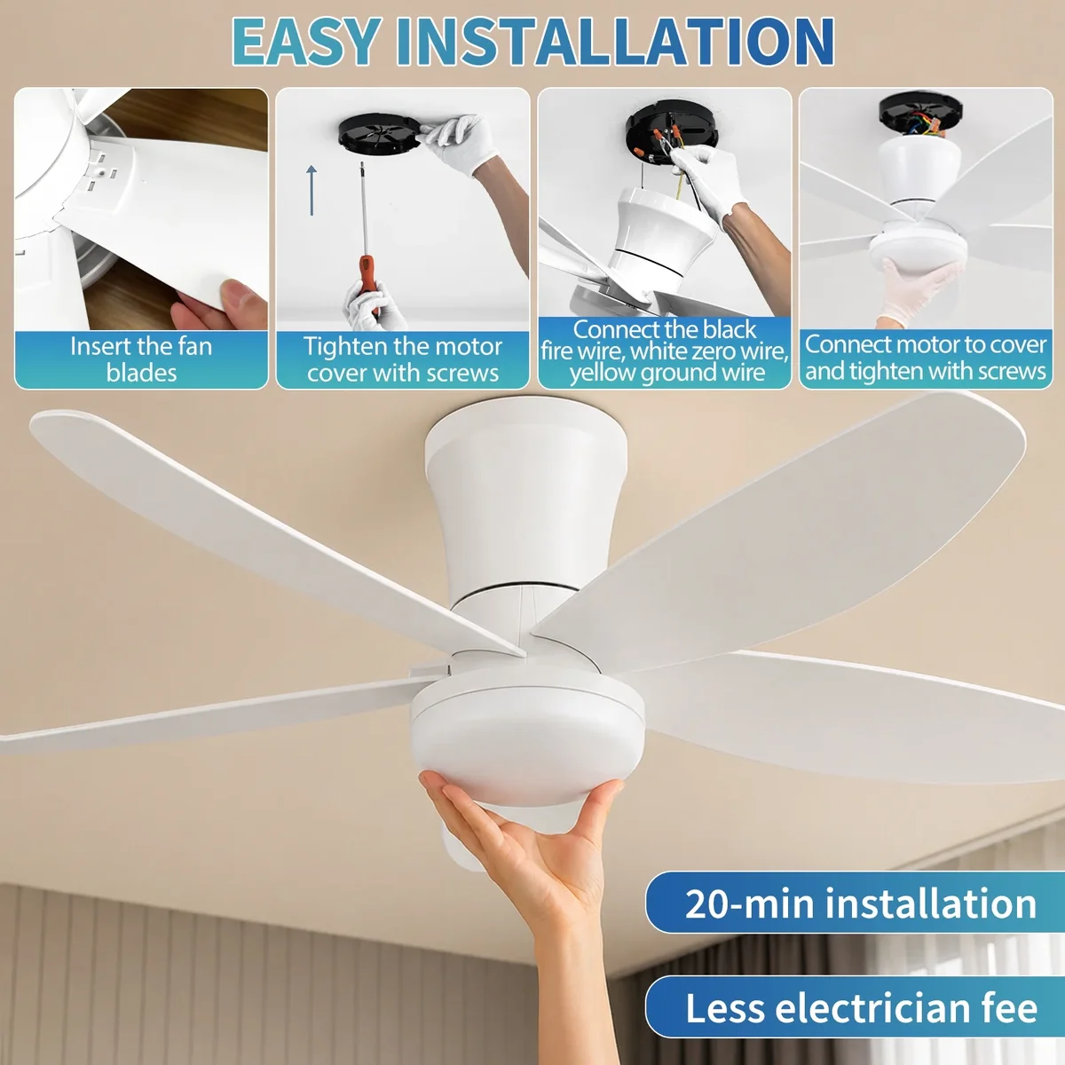 Everdaily Essentials 42 Inch Ceiling Fans with Lights, Modern Ceiling Fan with Lights and Remote, DC Reversible 6 Speeds 3 CCT, Low Profile Flush Mount Quiet Ceiling  Ref. 4866