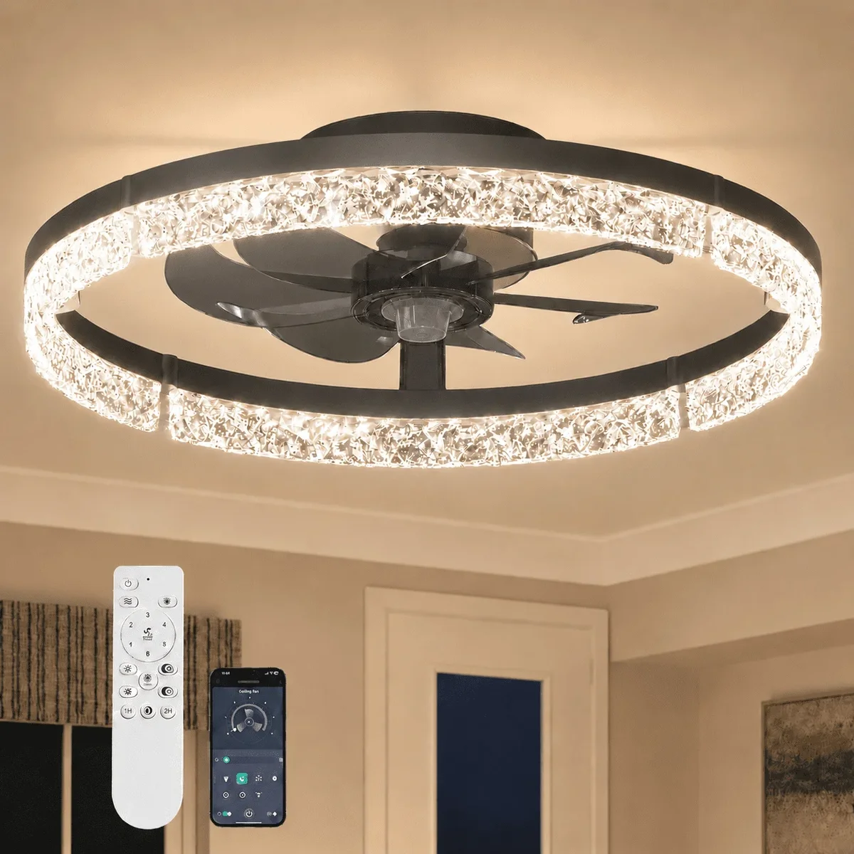AIDEL 20" Ceiling Fan with Light, Flush Mount Low Profile, Smart App & Remote Control, Reversible DC Motor, Dimmable LED, Black 5455