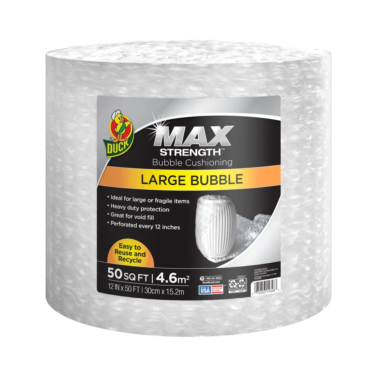 Duck Brand Duck Max Strength Large 5/16" Bubble Cushioning Wrap, 12" x 50' 2048