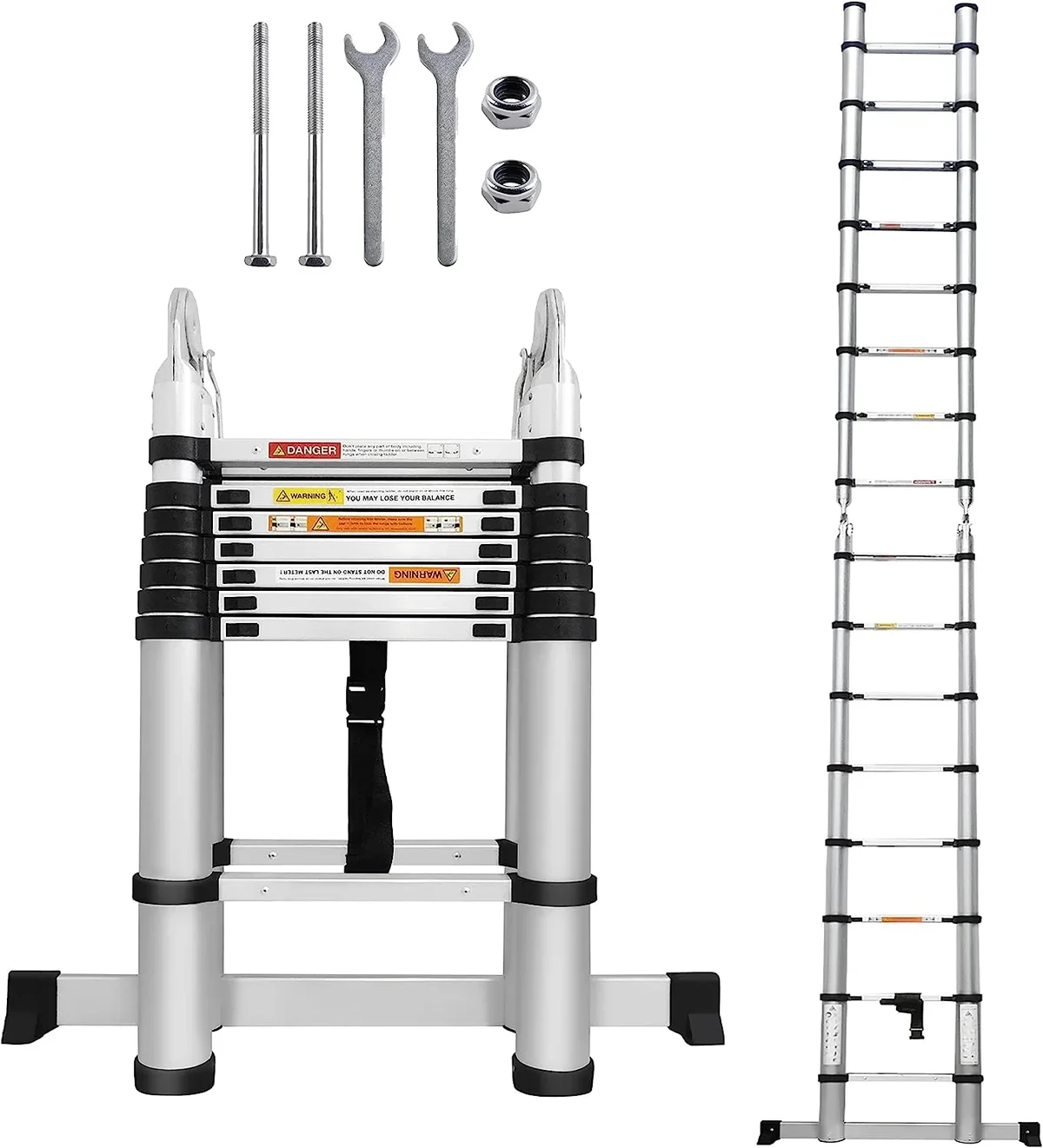 Jupiter Adjustable Telescoping Ladder A-Frame Ladder with Stabilizer Bar, 16.5 ft, Stainless Steel 3287
