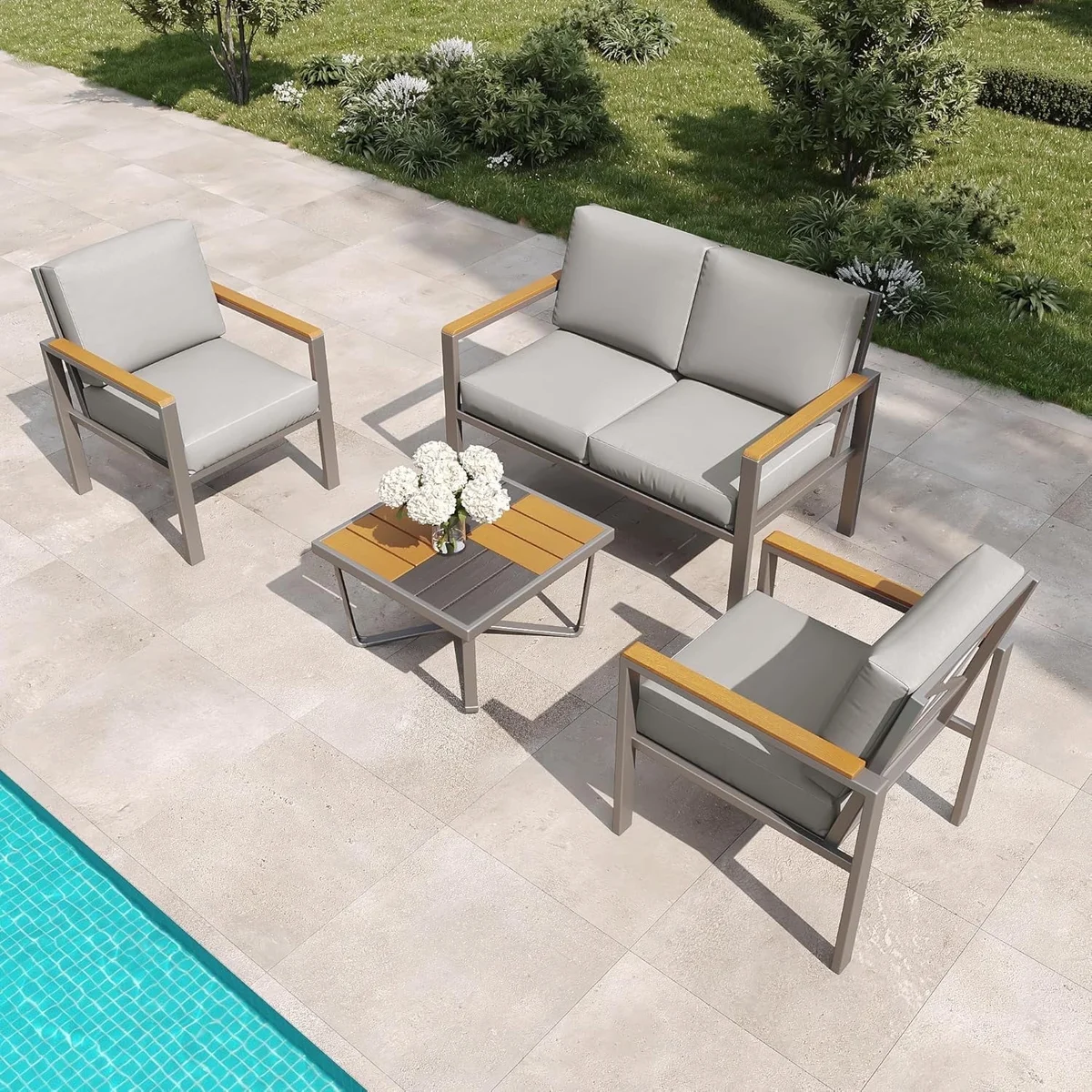 JXXM 4-Piece Outdoor Patio Conversation Set, Metal Furniture with Cushions & Coffee Table, Gray 5417