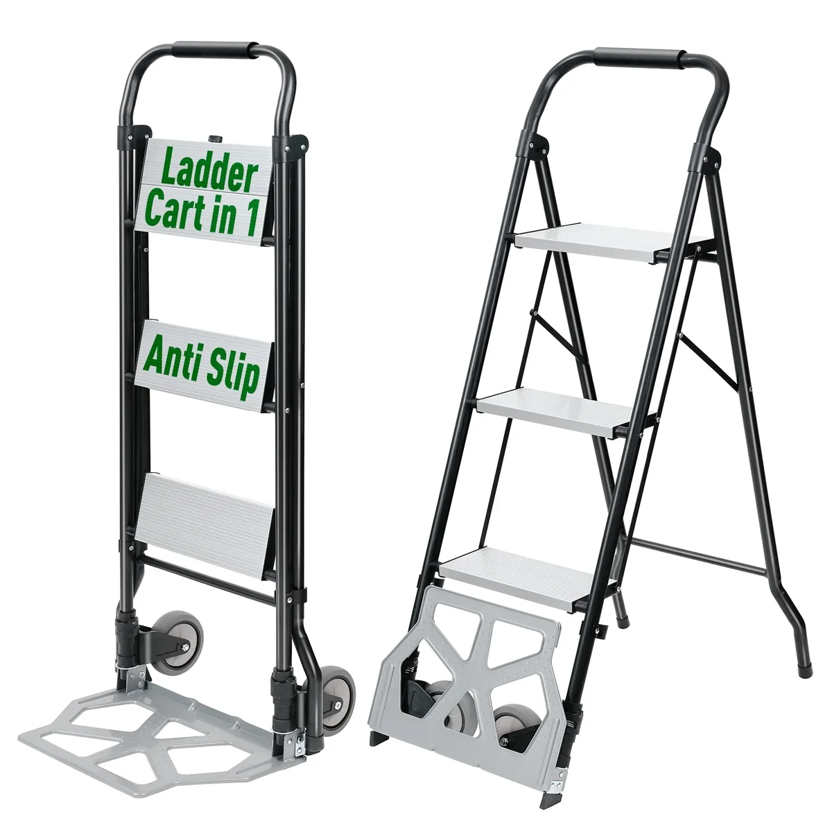 Everdaily Essentials 2 in 1 Step Ladder & Hand Truck,Aluminum 3 Step Stool,Folding Ladder with Anti-Slip Pedal,Heavy Duty Dolly Cart, Utility Platform Cart with Wheel 3086