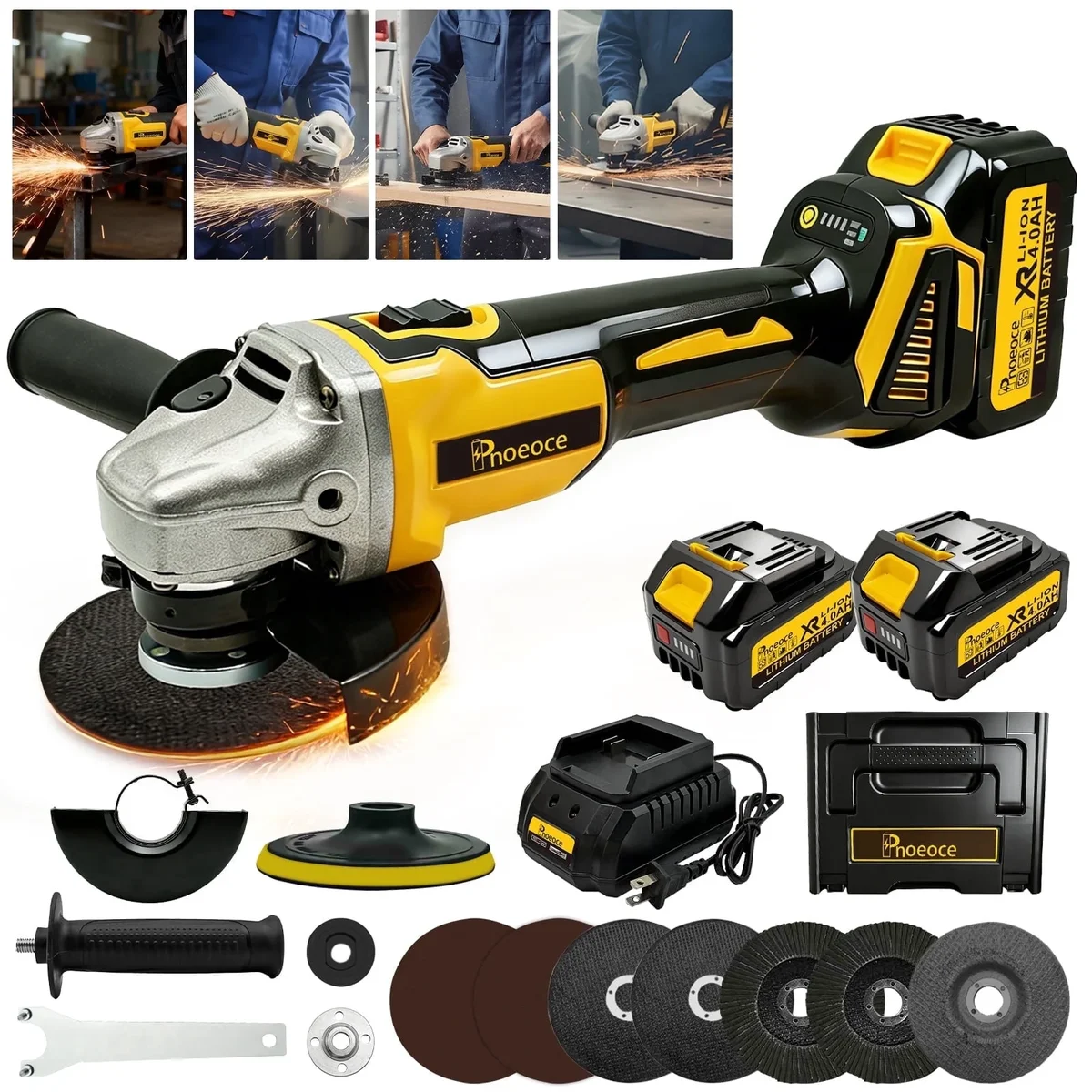 Pnoeoce 20V Cordless Angle Grinder, 5-inch Grinder Tool with 2x 4Ah Batteries, Cutting and Grinding Wheels and Flap Discs Included. 8872