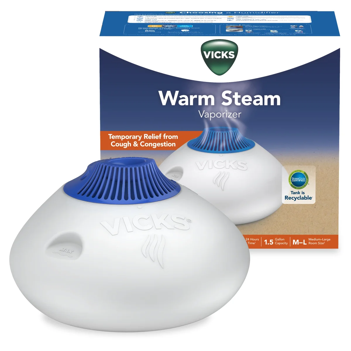 Vicks Warm Steam Vaporizer Humidifier with Night Light, 1.5 gal, 600 Sq. ft, White, V150SGNLUPCV2 0131