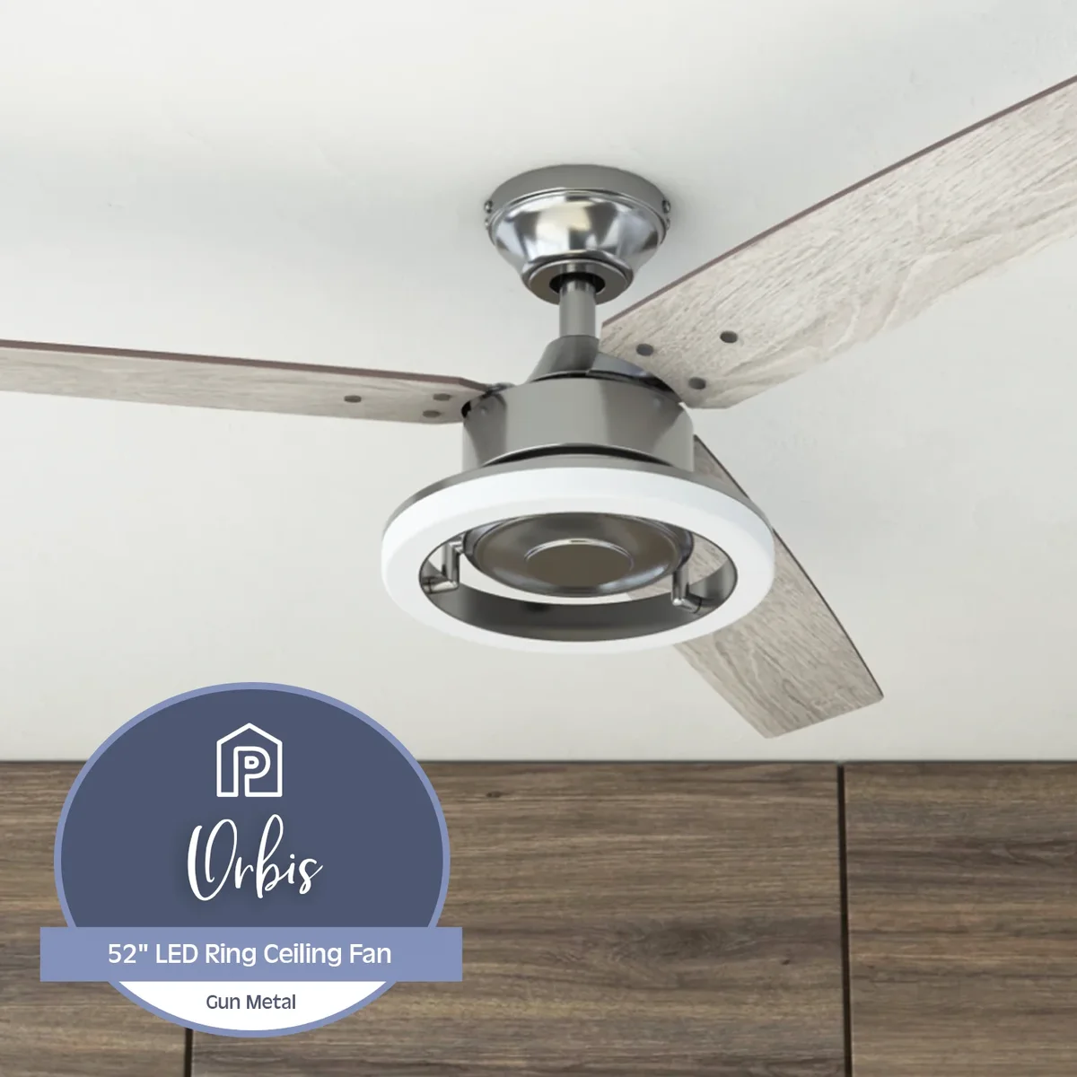 Everdaily Essentials 52" Orbis Gun Metal Remote Control Ceiling Fan, 3 Blades, LED Ring Ref. 2464