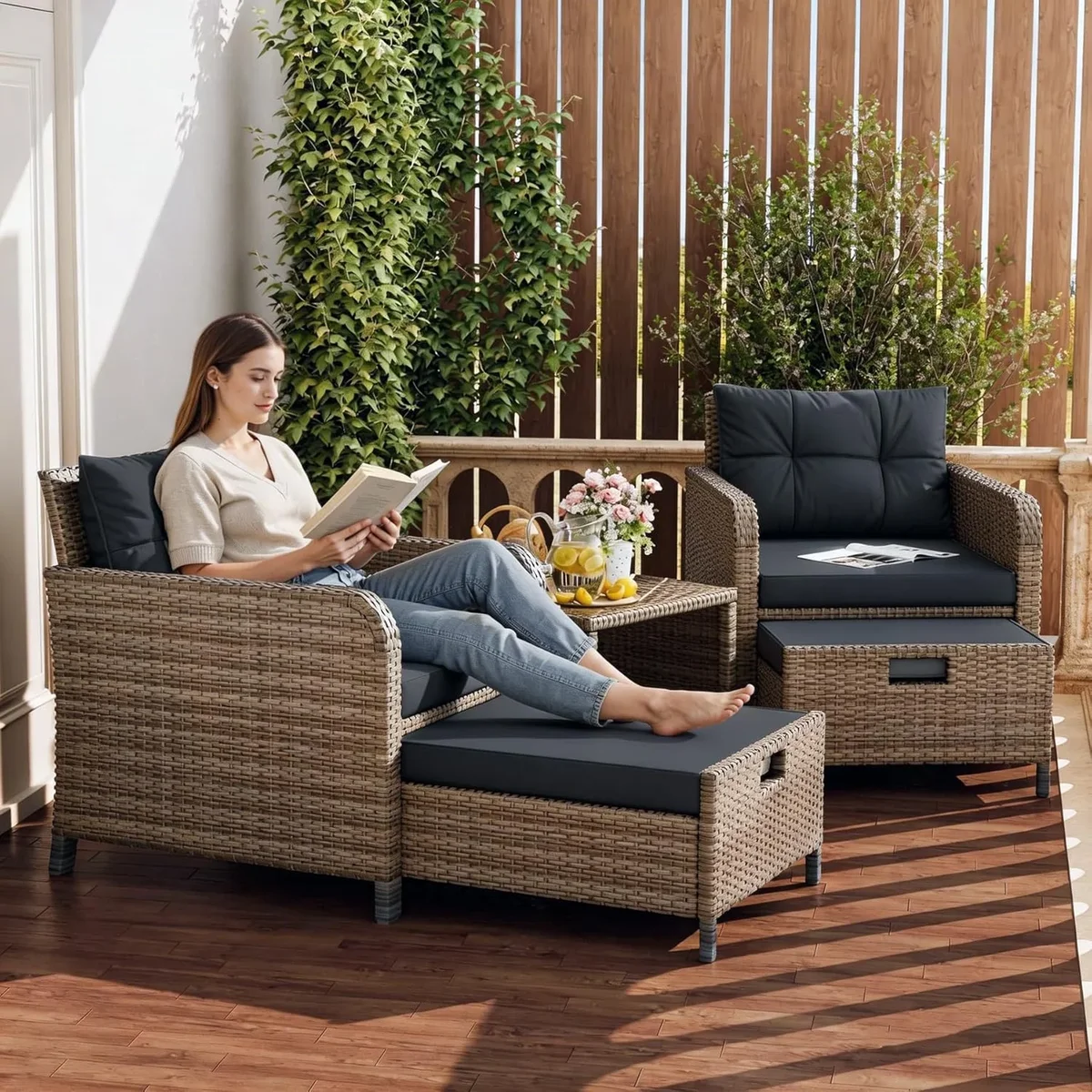LHBcraft Balcony Furniture 5 Piece Patio Conversation Set, PE Wicker Rattan Outdoor Lounge Chairs with Soft Cushions 2 Ottoman&Glass Table for Po 6028
