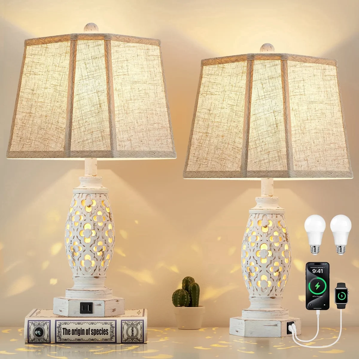 NATYSWAN 23.5" Lamps for Night Stands Set of 2 with USB A+C and Nightlight - Rustic Farmhouse Table Lamp for Bedrooms, End Tables, Living Room -  5431