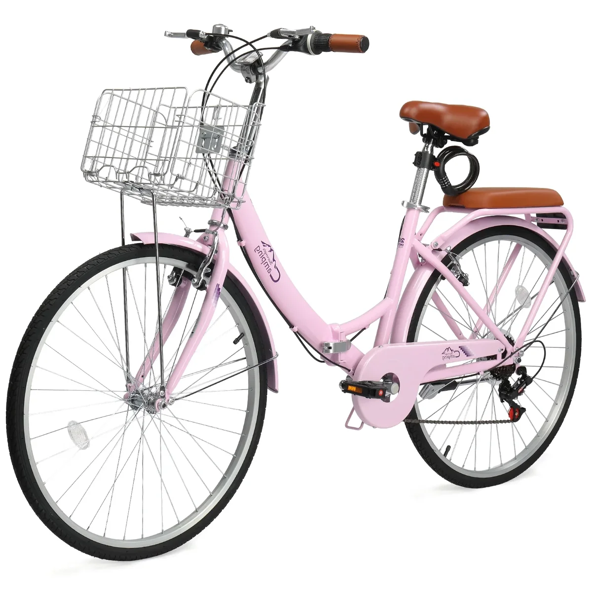 Ktaxon 26 Inch Folding Beach Cruiser Bike, 7 Speed Womens Bike with Foldable Basket, Lock & Rack, Pink 2306
