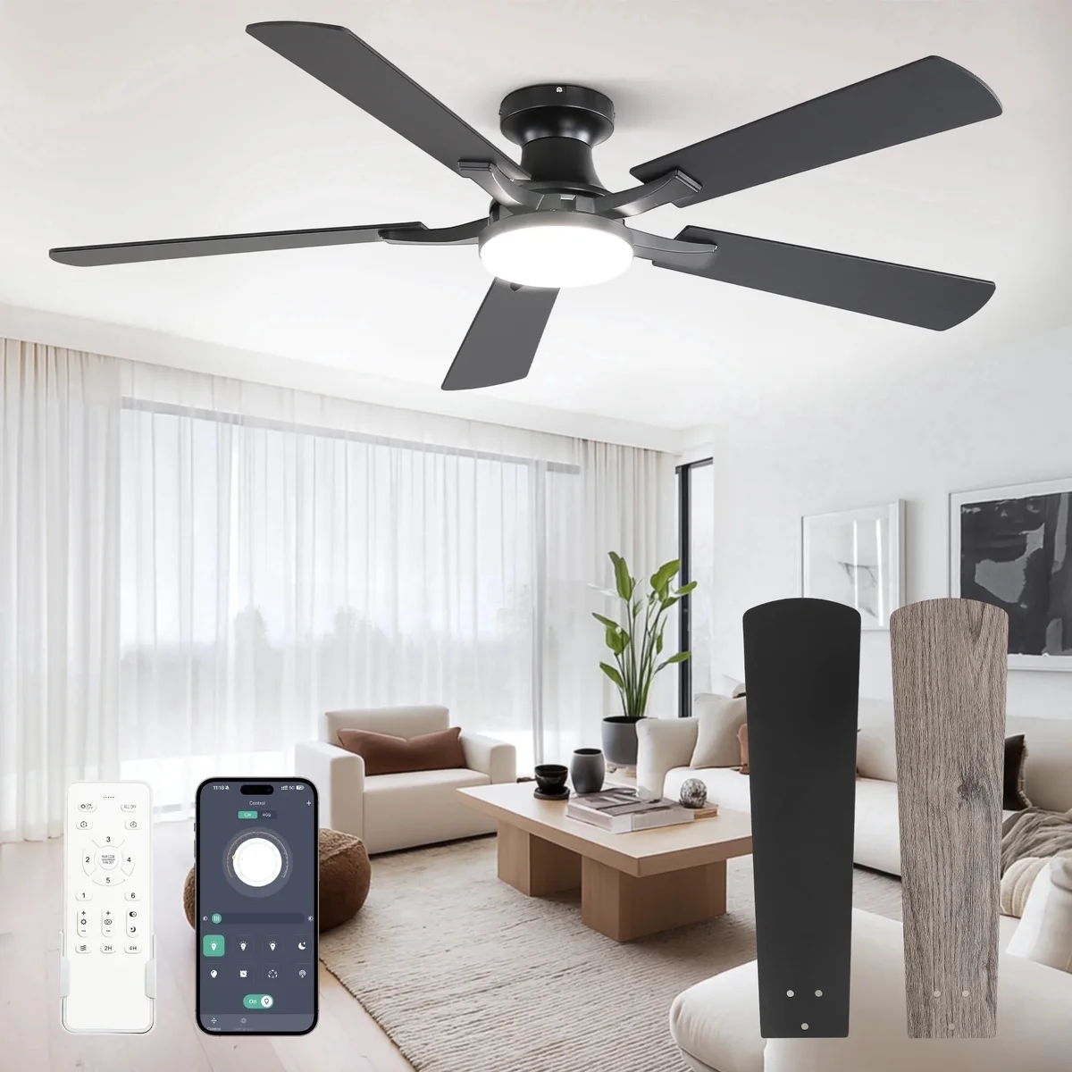 Zardon 52 inch Ceiling Fan with Light, Flush Mount Low Profile, App & Remote Control, 6-Speed Quiet DC Motor for Bedroom, Living Room, Black 5769