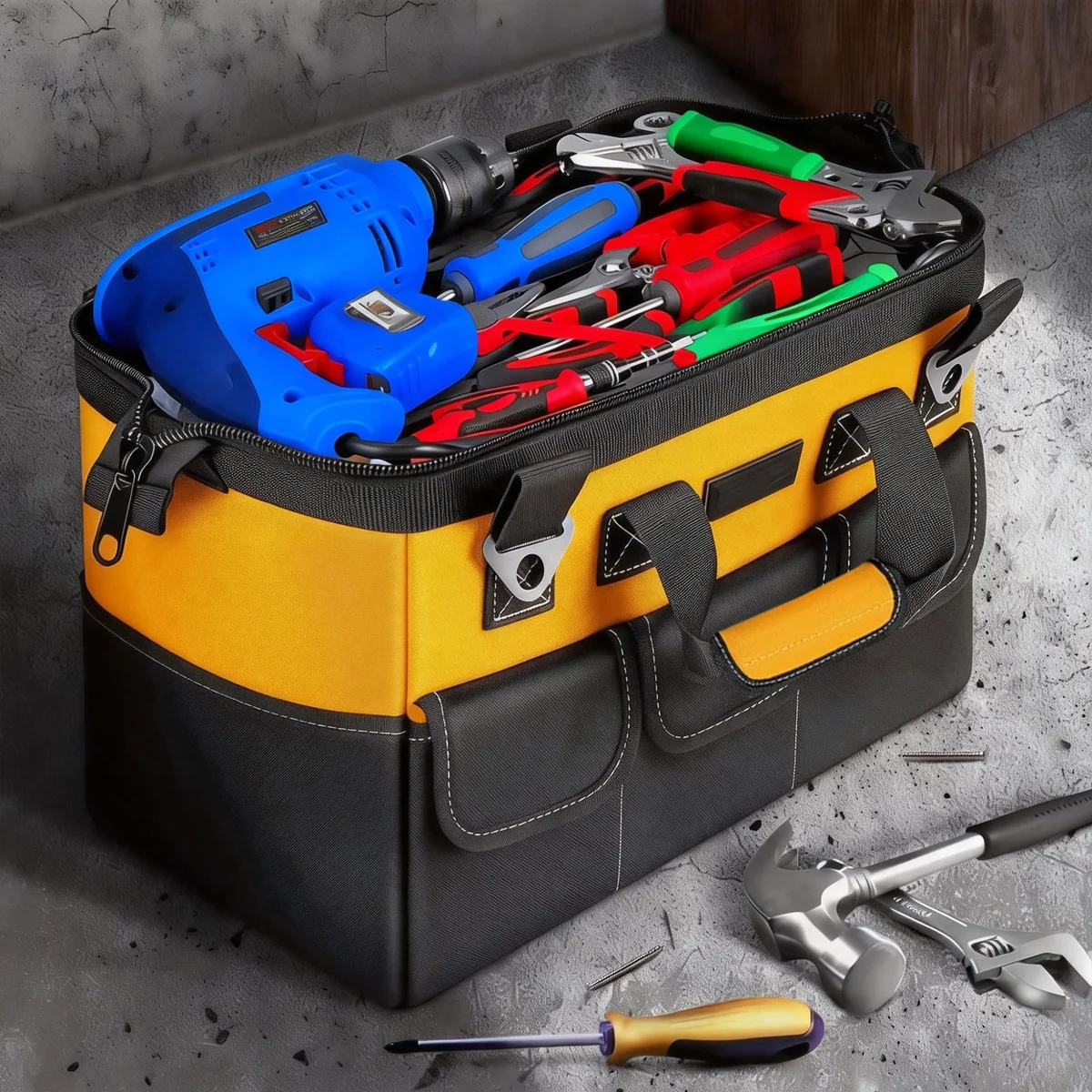 VigorGuard_US Tool Bag,18 Inch Heavy Duty Tool Storage Organizer Bags with Shoulder Strap and Storage Box for Home DIY & Equipment Storage,Yellow 5163