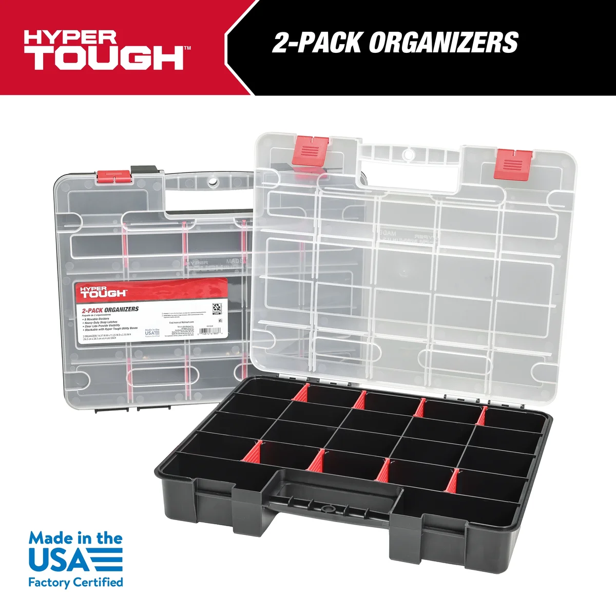 Hyper Tough 2-Pack Organizer, Stackable Plastic with 8 Movable Dividers, 93512638 8586