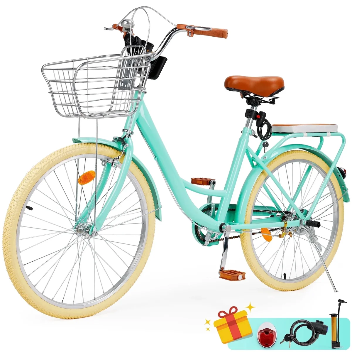 Bruce & Shark 24 inch Commuter Bicycle for Adult Men and Women, Comfortable City Bikes with Rear Rack and Basket, Green 5248