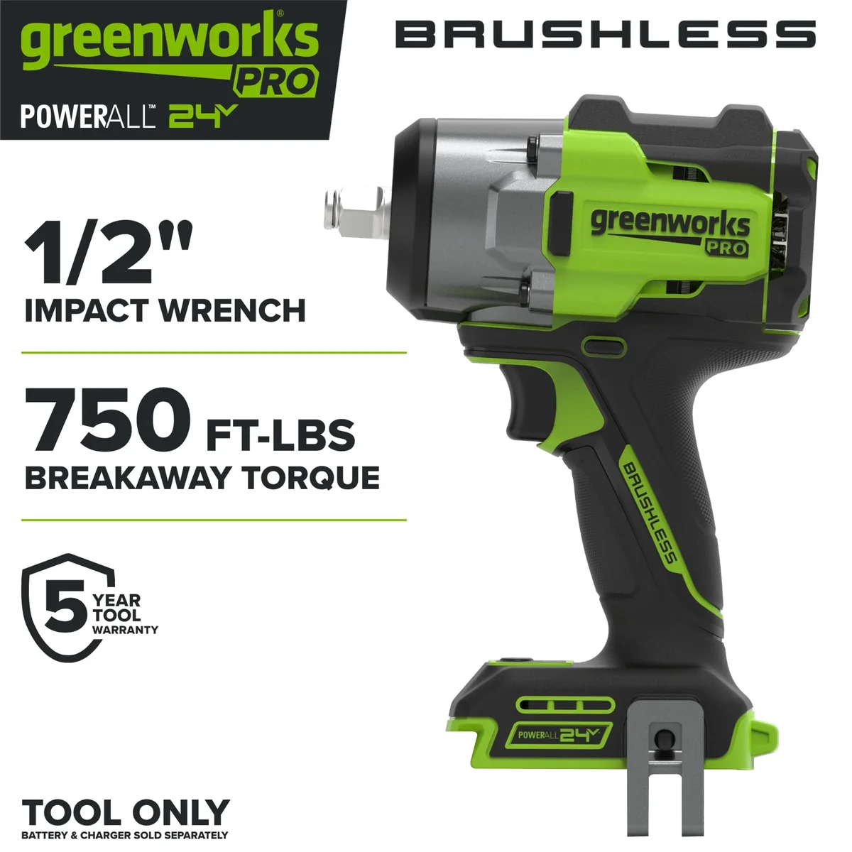 Greenworks Pro PowerAll 24V Brushless 1/2" 750 lbs Breaking Impact Wrench, Tool Only, IW5800A3 1014