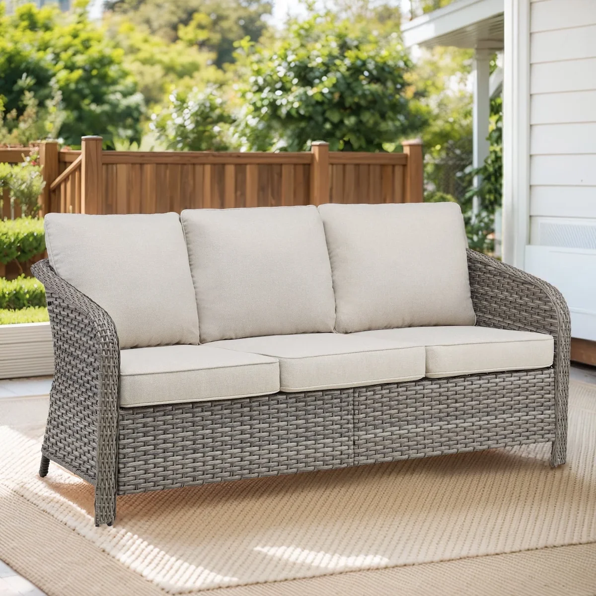 PPorfamilia 3-Seater Patio Wicker Sofa Outdoor Rattan Conversation Couch Furniture with Beige Cushions for Backyard Poolside Porch Deck 7780