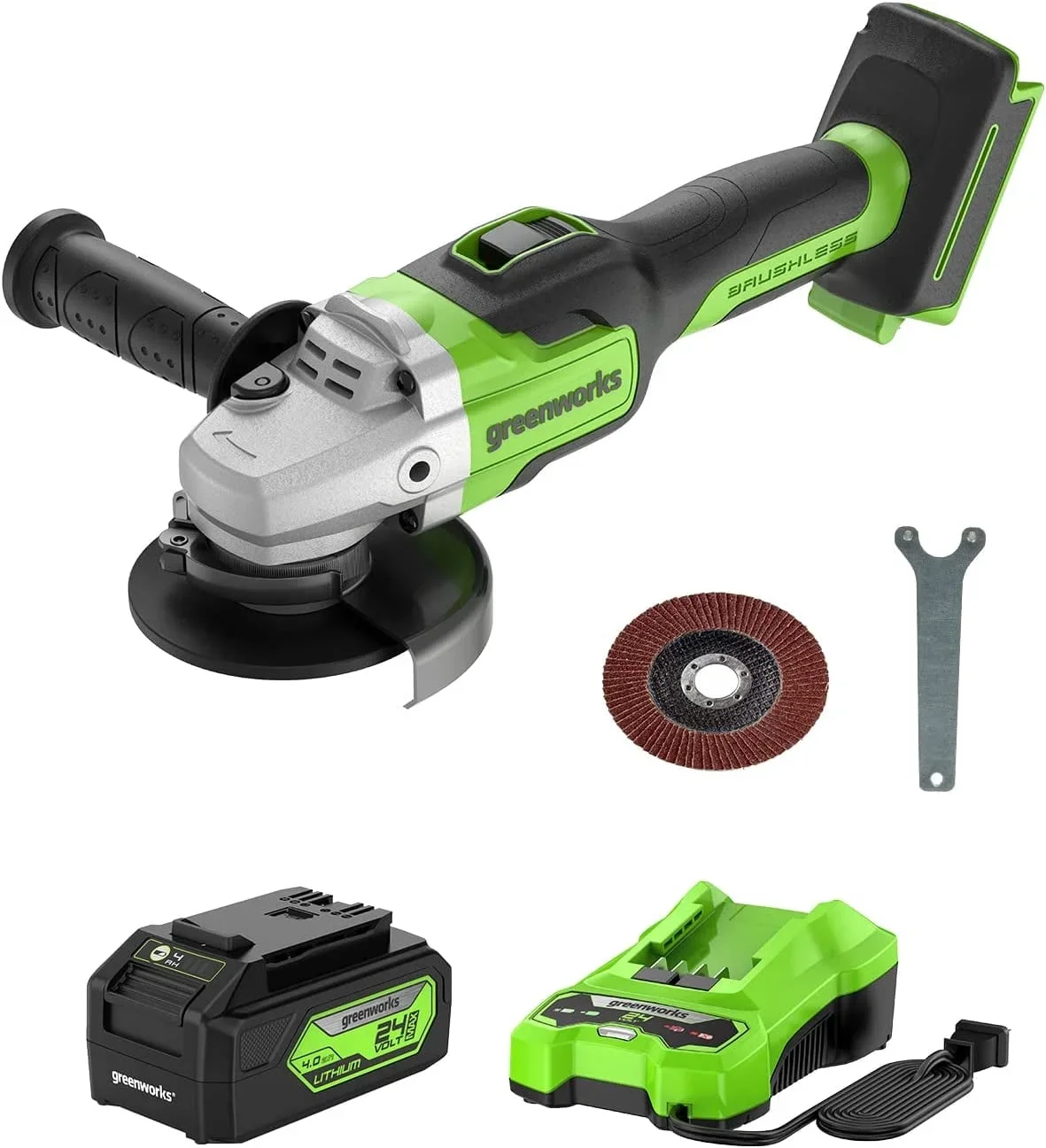 Greenworks 24V Brushless Angle Grinder with 4Ah USB Battery and Charger 8782