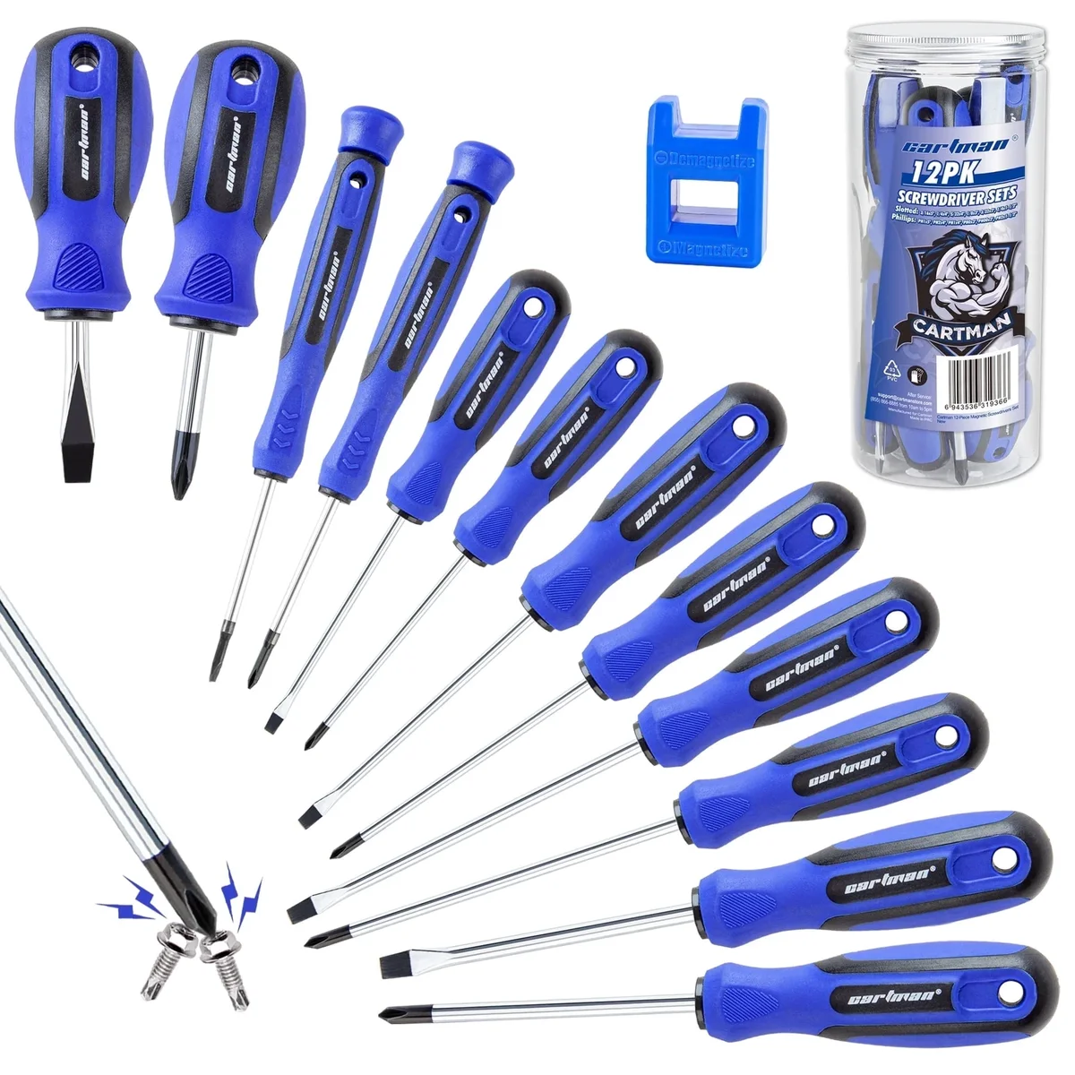 CARTMAN 12 Piece Magnetic Screwdriver Set - 6 Phillips and 6 Flat, Professional Cushion Grip Hand Tools Set 4593