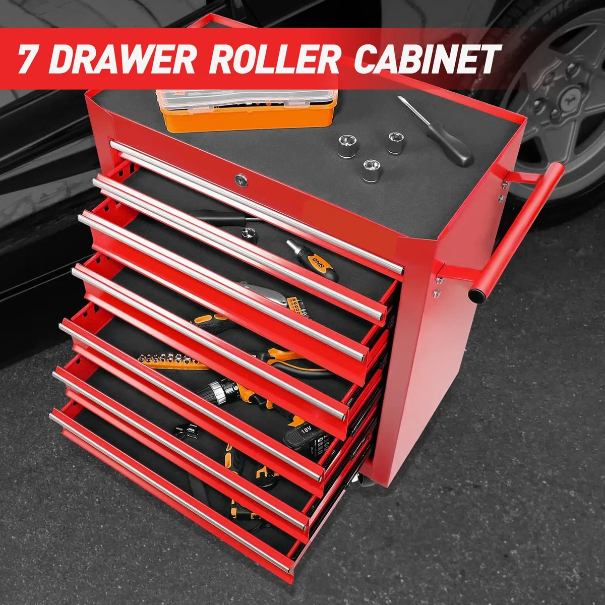 Seizeen Rolling Tool Chest on Wheels, Metal Tool Cart Toolbox Storage Cabinet Organizer W/ 7 Drawers, Red 7242