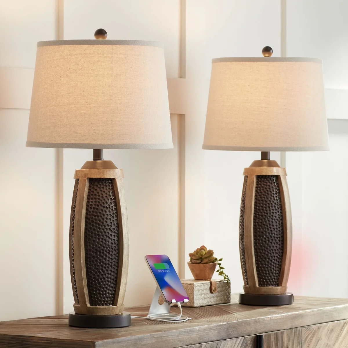 John Timberland Parker Rustic Farmhouse Table Lamps 28 1/2" Tall Set of 2 Hammered Bronze Wood with USB Charging Port Oatmeal Tapered Drum for Be 6849