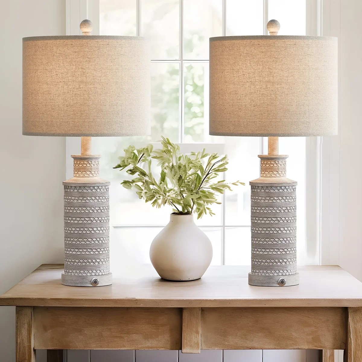 Oneach 3 Way Dimmable Table Lamp Set of 2 with USB Ports for Bedroom Living Room 24.5" Vintage Rustic Farmhouse Touch Control Nightstand Bedside  4831