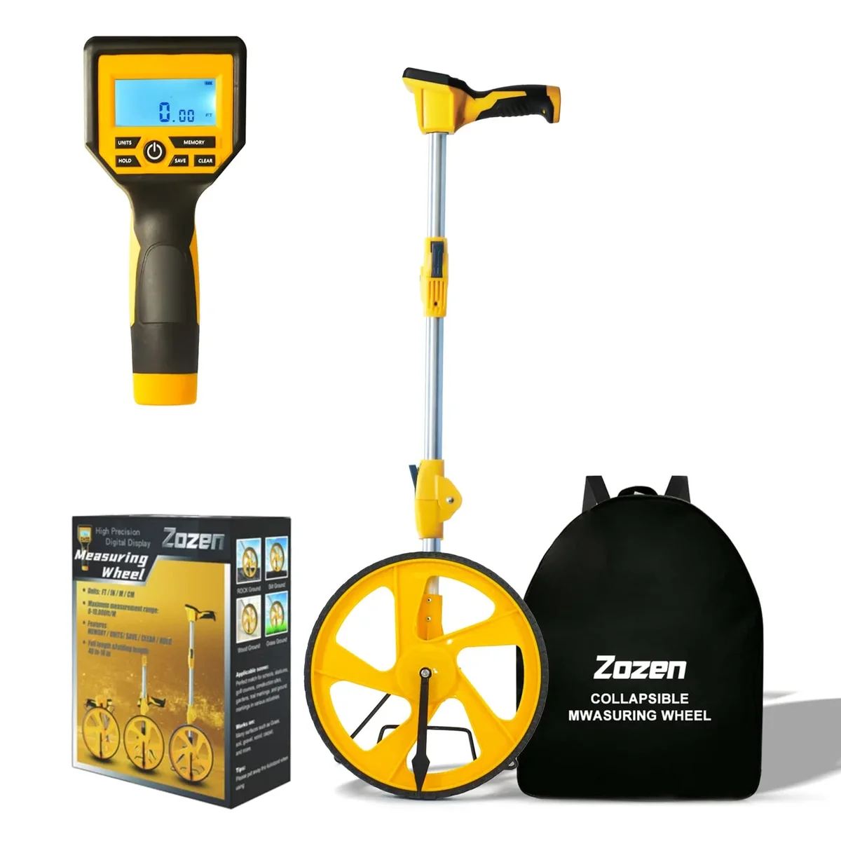 Zozen Measuring Wheel Digital Display, 3-Sections Foldable, Imperial/Metric Measure Wheel with Backlit Display | Up to 99,999Ft/ 99,999M | Kickst 9675