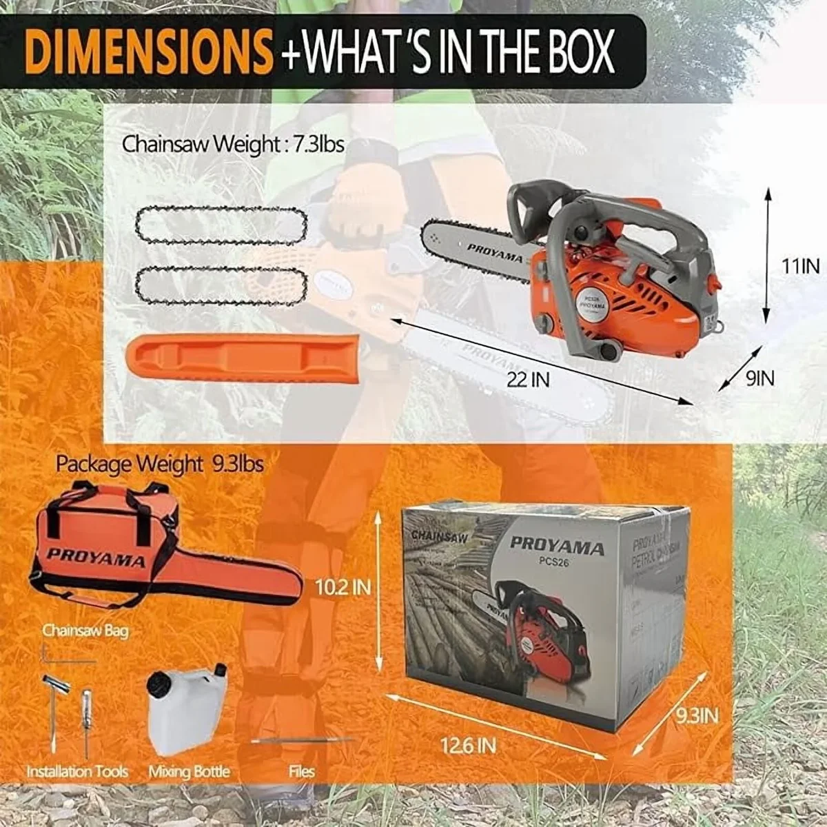 PROYAMA 26CC 2-Cycle Top Handle Gas Powered Chainsaw 12 Inch Petrol Handheld Cordless Chain Saw for Tree Wood Cutting 3955