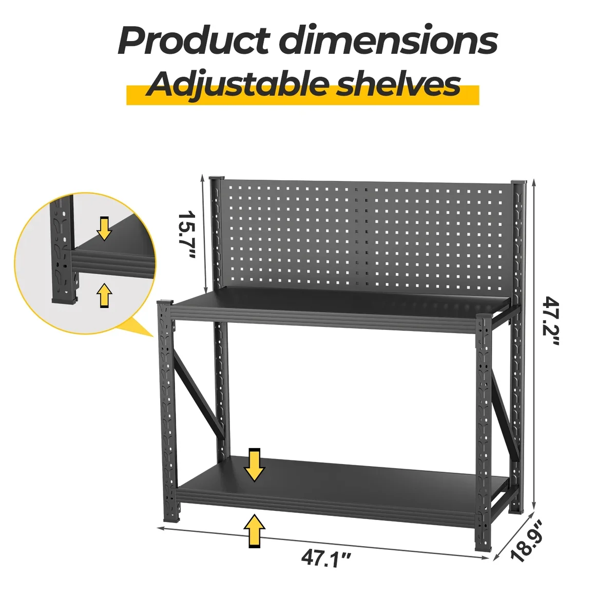 PLMFJQK Work Bench with Pegboard,Heavy Duty Workbench Adjustable Shelves,Tool Cart,Work Table for Garage Warehouse47.2 H*47.09" W*19" D 4116