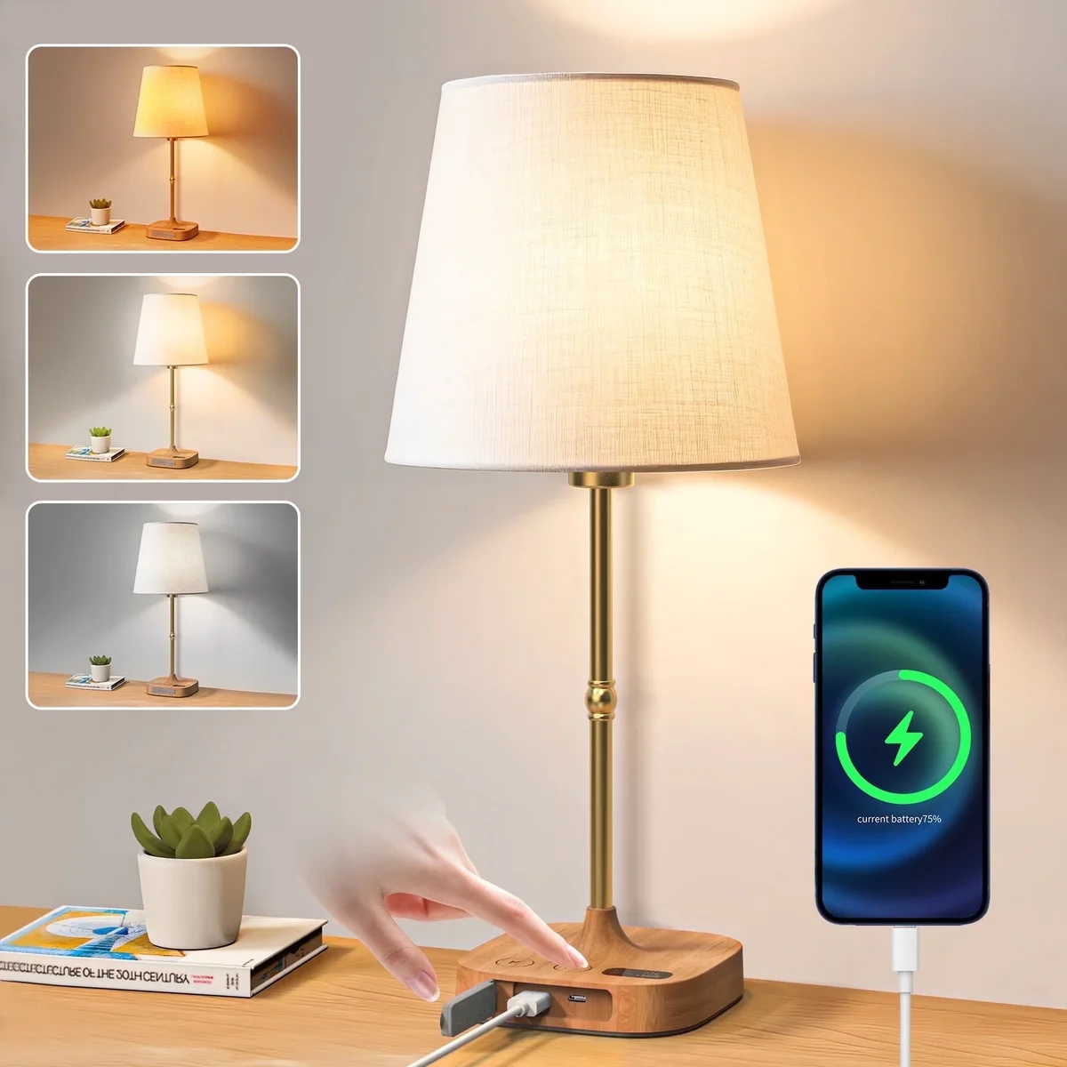 GPED Bedside Table Lamp for Bedroom, 3 Color Temperatures Cordless Bedside Lamp, 5 Way Dimmable Touch Table Lamp with USB Port, Rechargeable Desk 0611