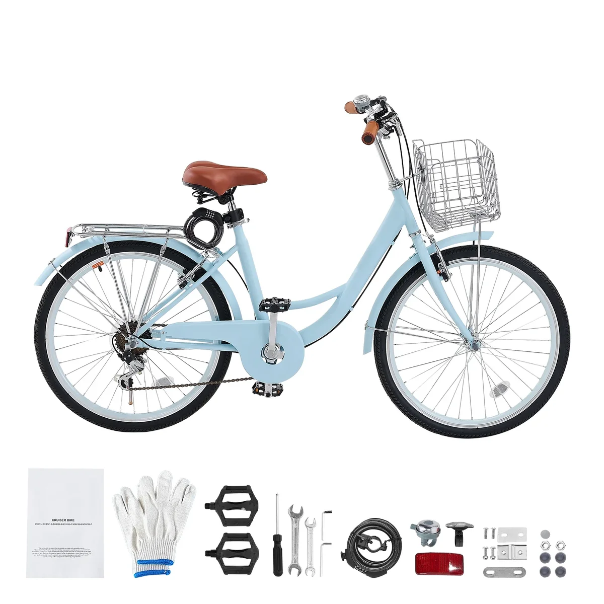 KFFKFF 24" Cruiser Bike, 7-Speed, Sky Blue Coastal Cycle with Spacious Basket and Back Stand, Robust Carbon Steel Leisure Bicycle with Modifiable 9865